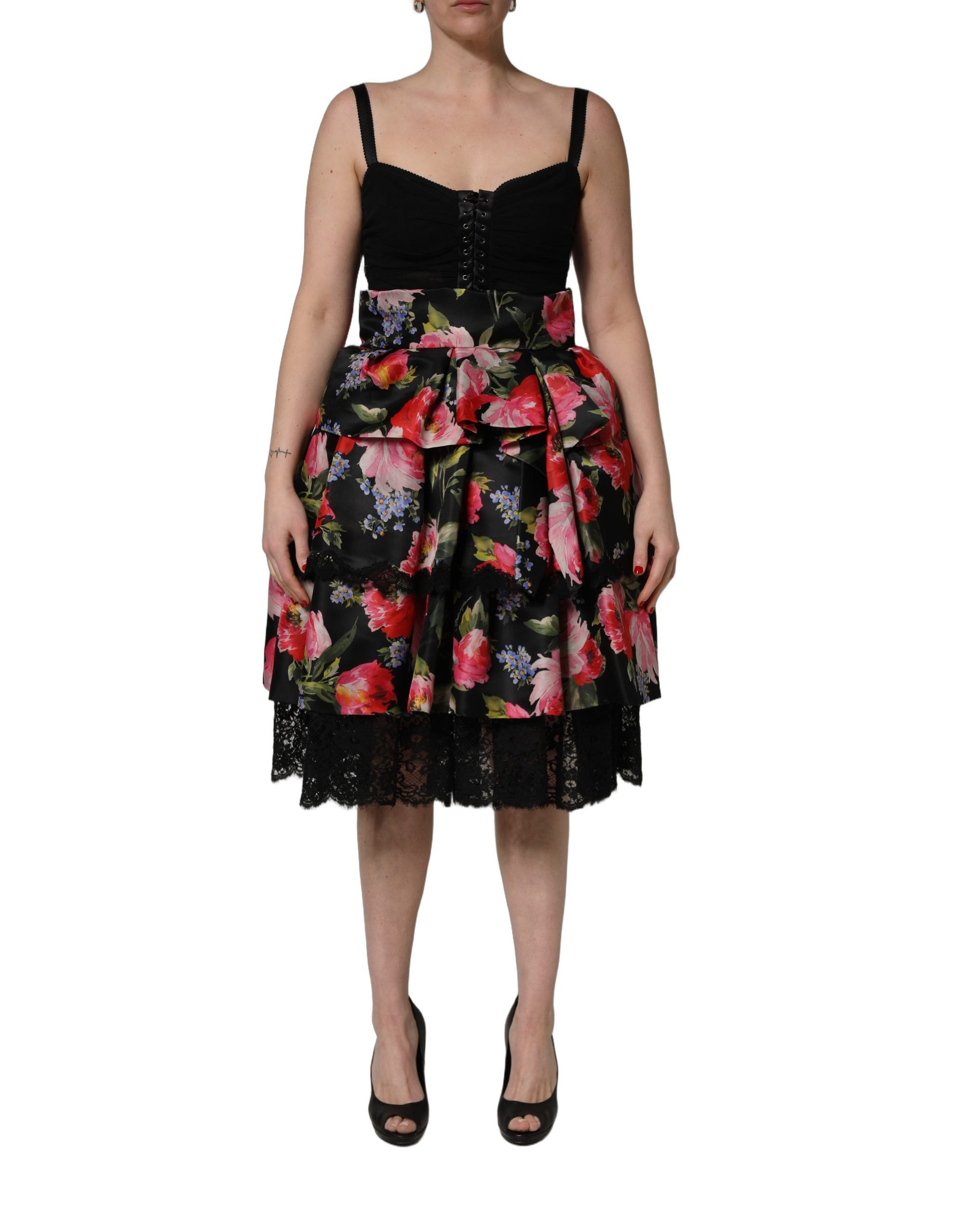 Dolce & Gabbana Black Sleeveless Bustier Floral Print Tiered Dress Dolce & Gabbana