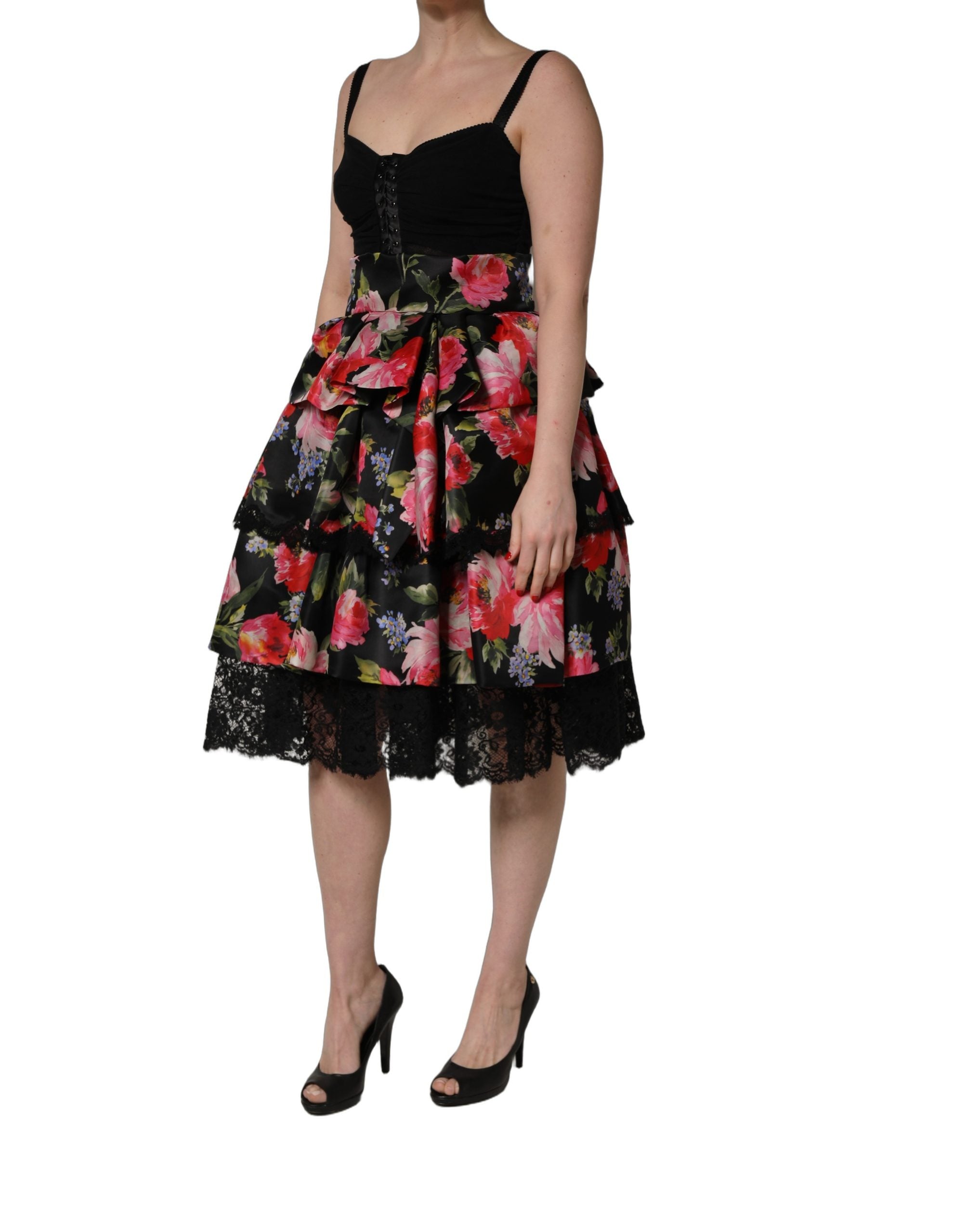 Dolce & Gabbana Black Sleeveless Bustier Floral Print Tiered Dress Dolce & Gabbana