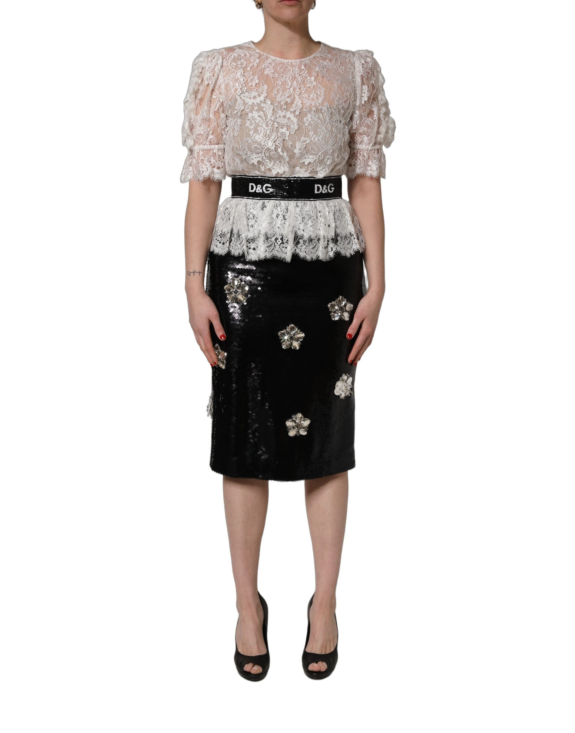 Dolce & Gabbana White Lace Top Embellished Black Skirt Dress Dolce & Gabbana