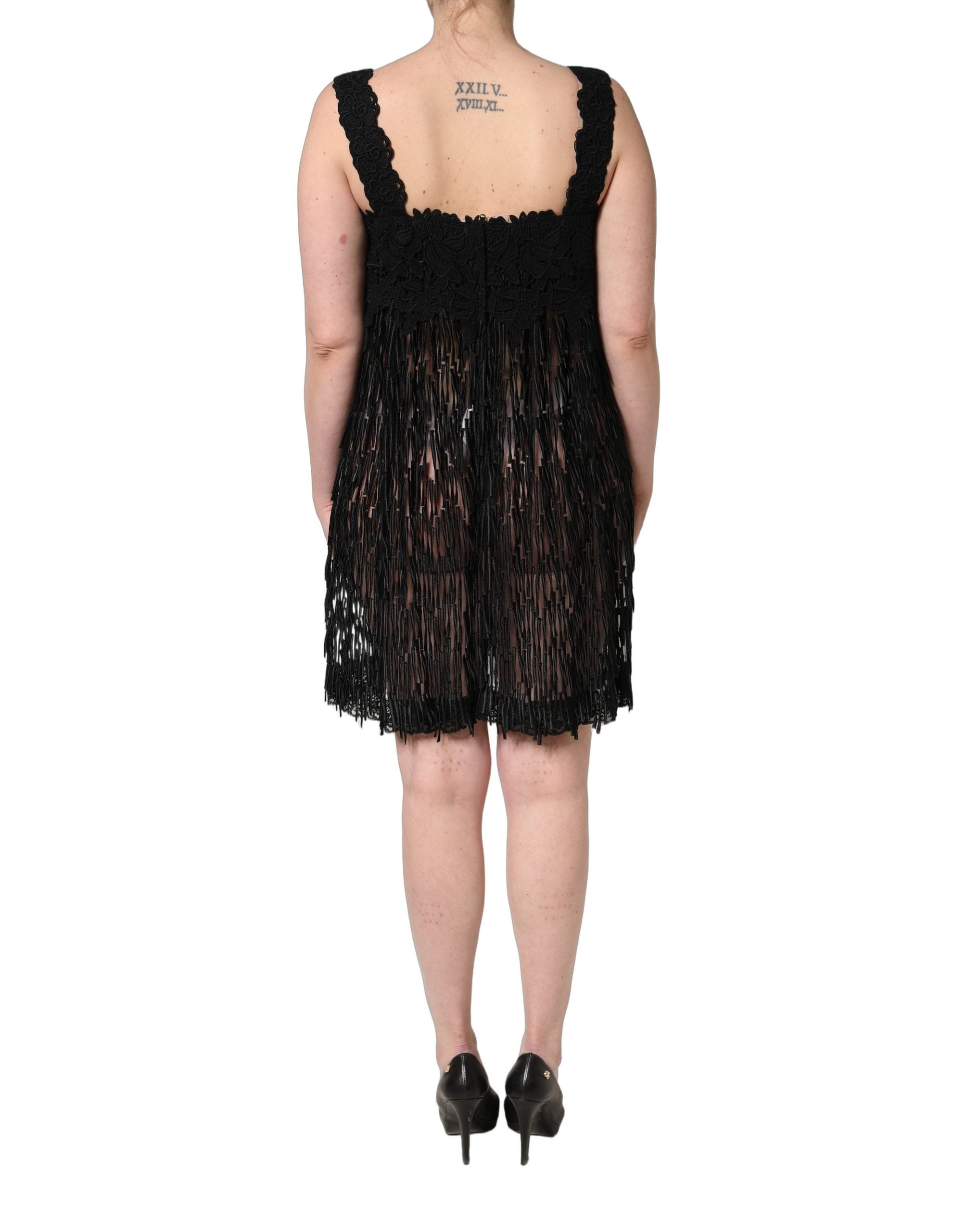 Dolce & Gabbana Black Viscose Fringed Sleeveless Mini Dress Dolce & Gabbana