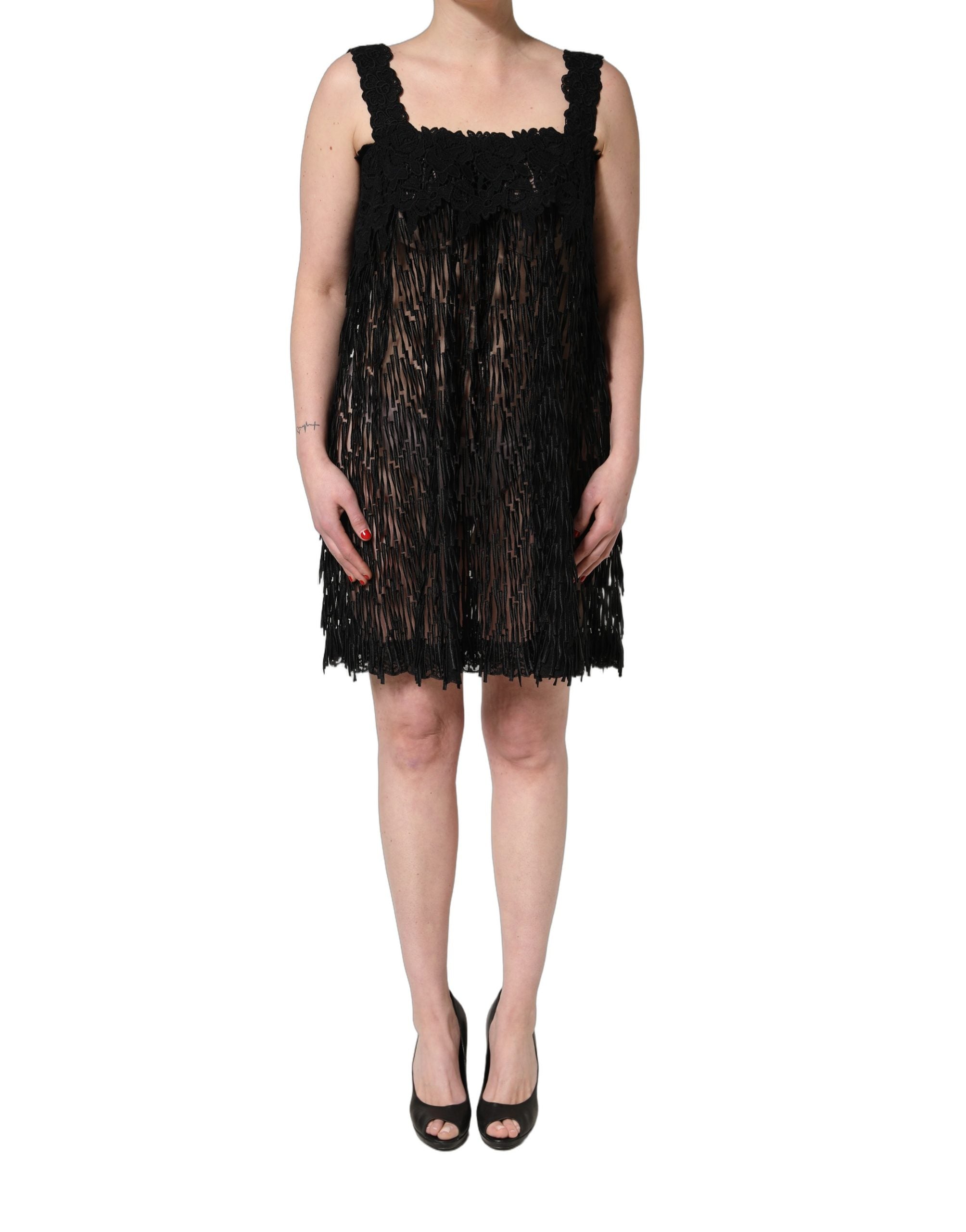 Dolce & Gabbana Black Viscose Fringed Sleeveless Mini Dress Dolce & Gabbana