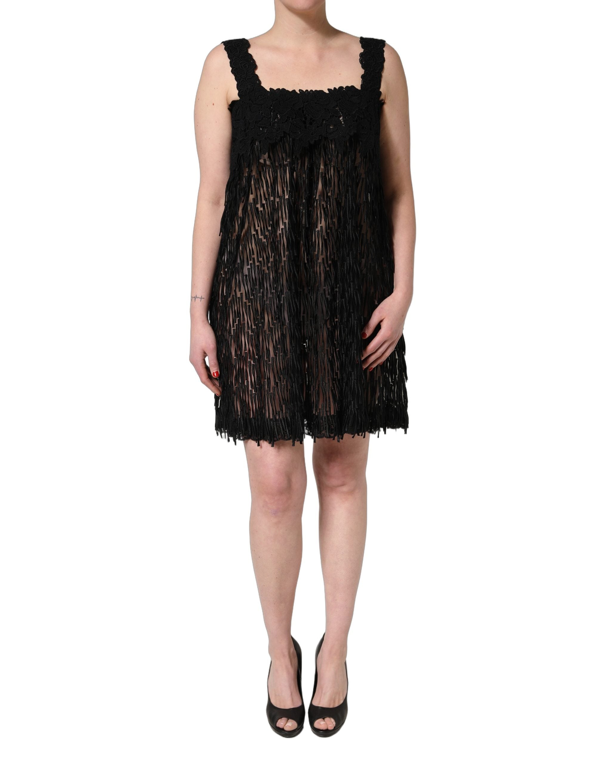 Dolce & Gabbana Black Viscose Fringed Sleeveless Mini Dress Dolce & Gabbana