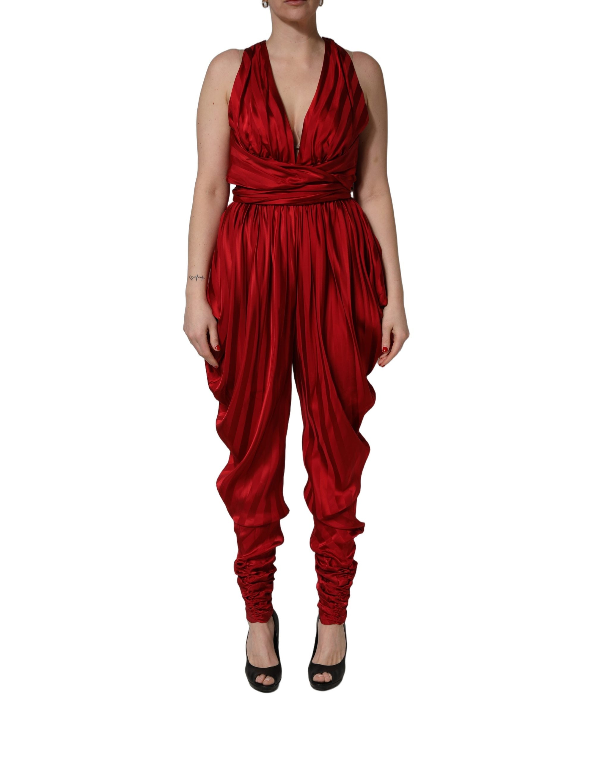 Dolce & Gabbana Red Plunging HalterNeck Draped Jumpsuit Dress Dolce & Gabbana