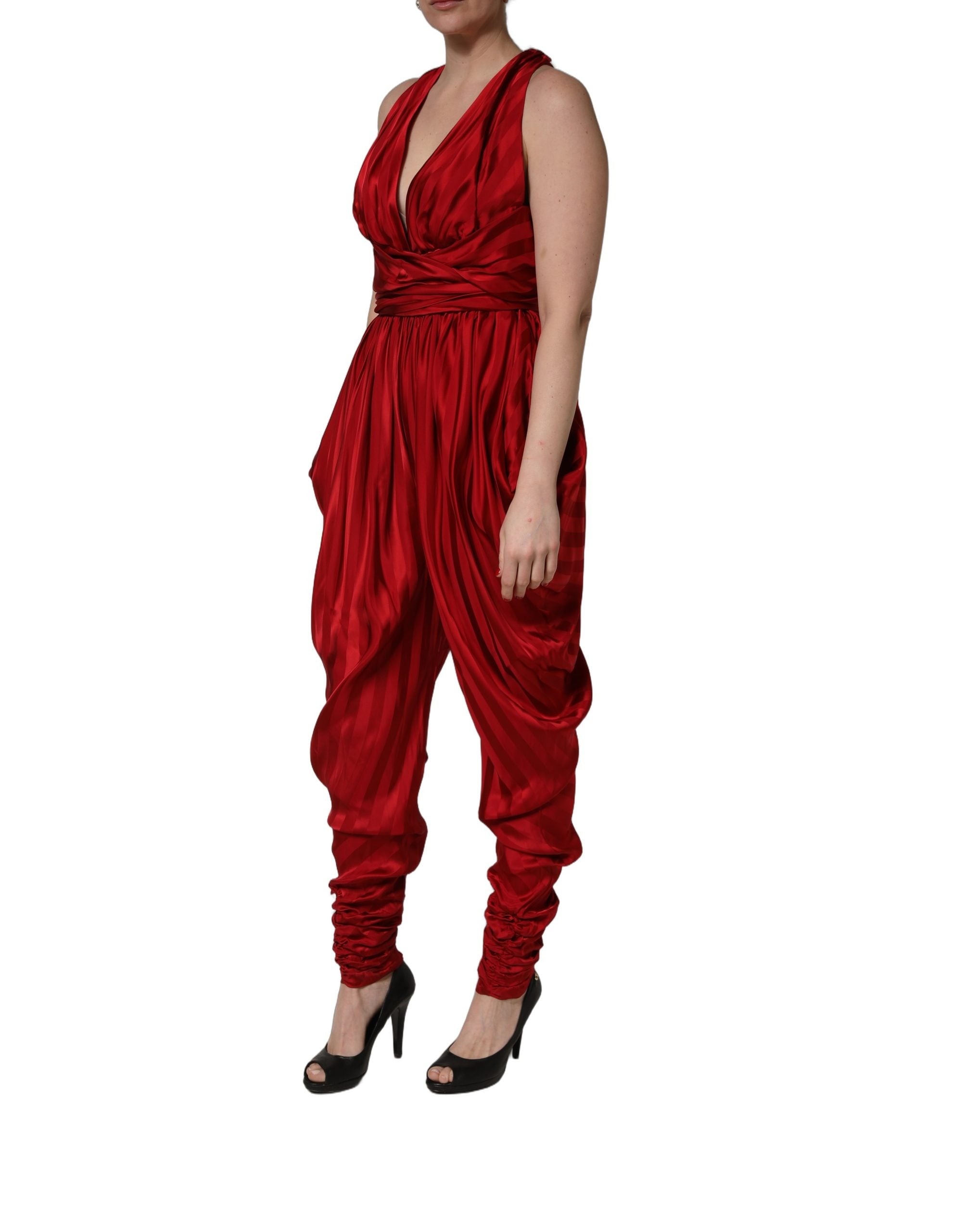 Dolce & Gabbana Red Plunging HalterNeck Draped Jumpsuit Dress Dolce & Gabbana