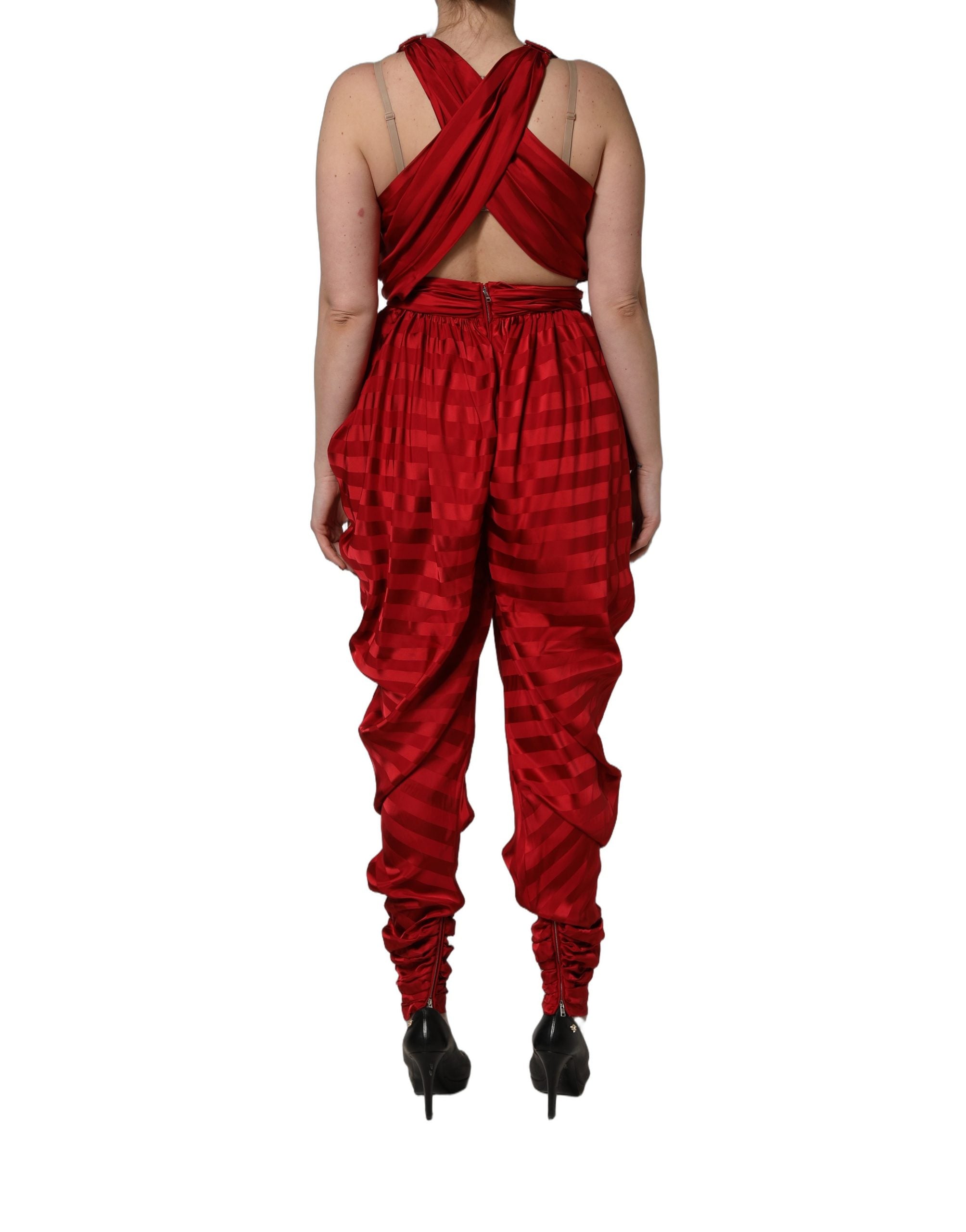 Dolce & Gabbana Red Plunging HalterNeck Draped Jumpsuit Dress Dolce & Gabbana