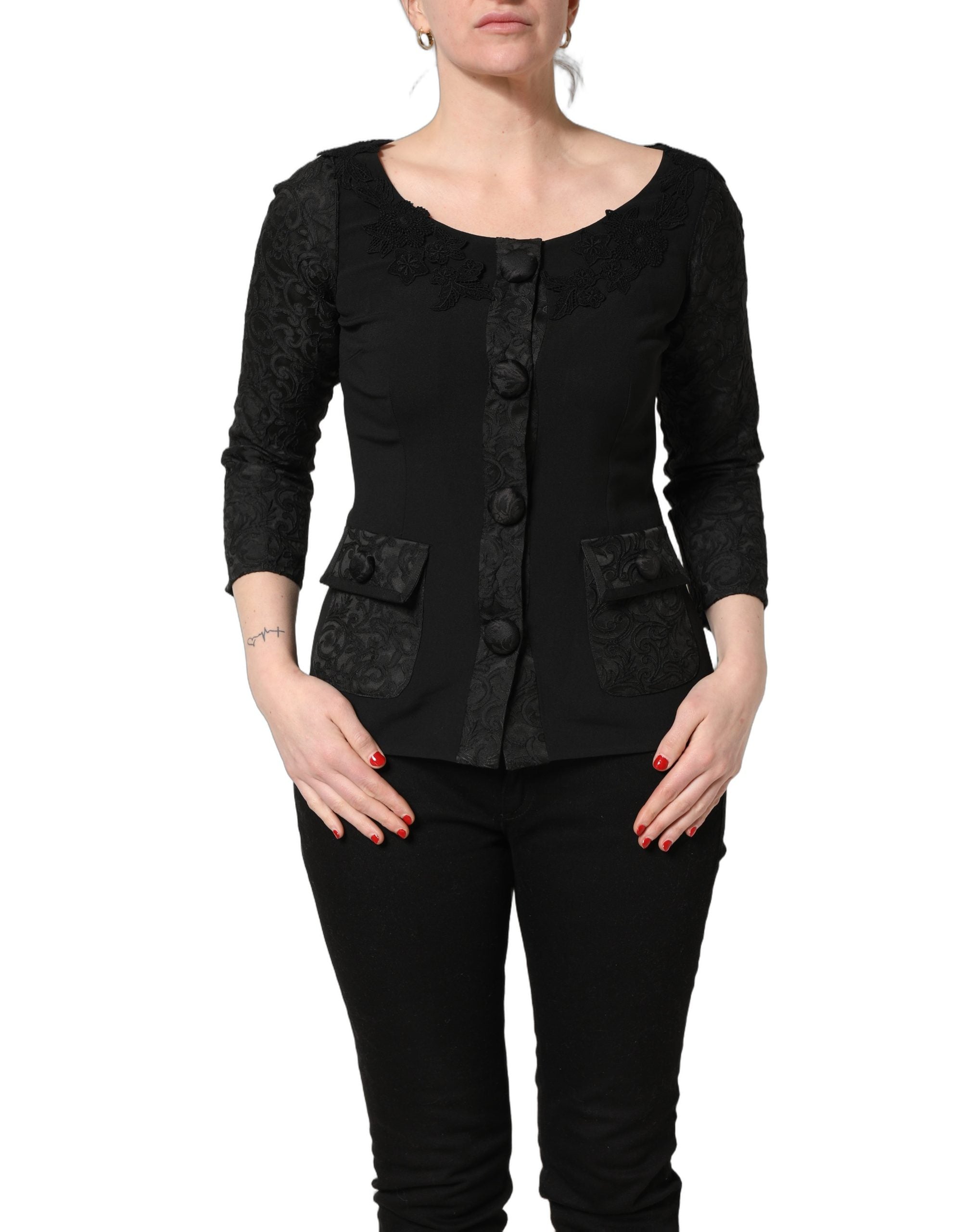 Dolce & Gabbana Black Button Fastening Lace Trimmed Blazer Jacket Dolce & Gabbana