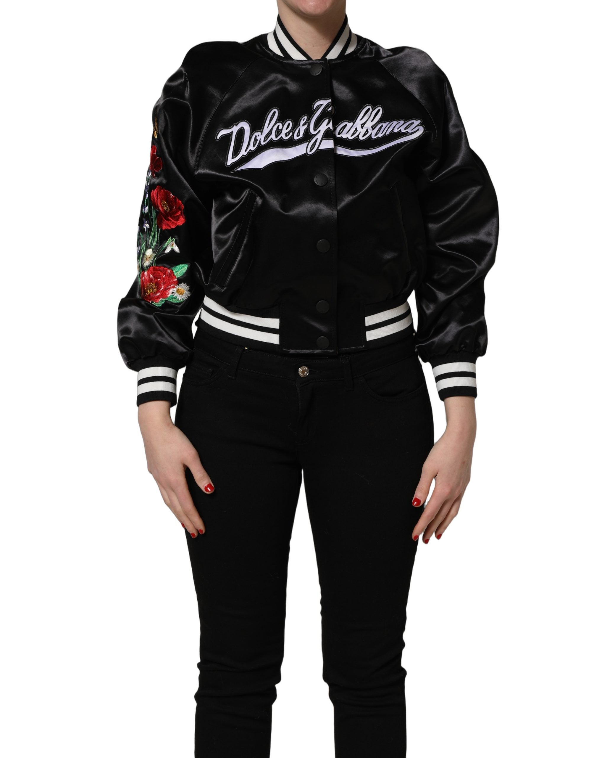 Dolce & Gabbana Black Satin Floral Embroidery Bomber Jacket Dolce & Gabbana