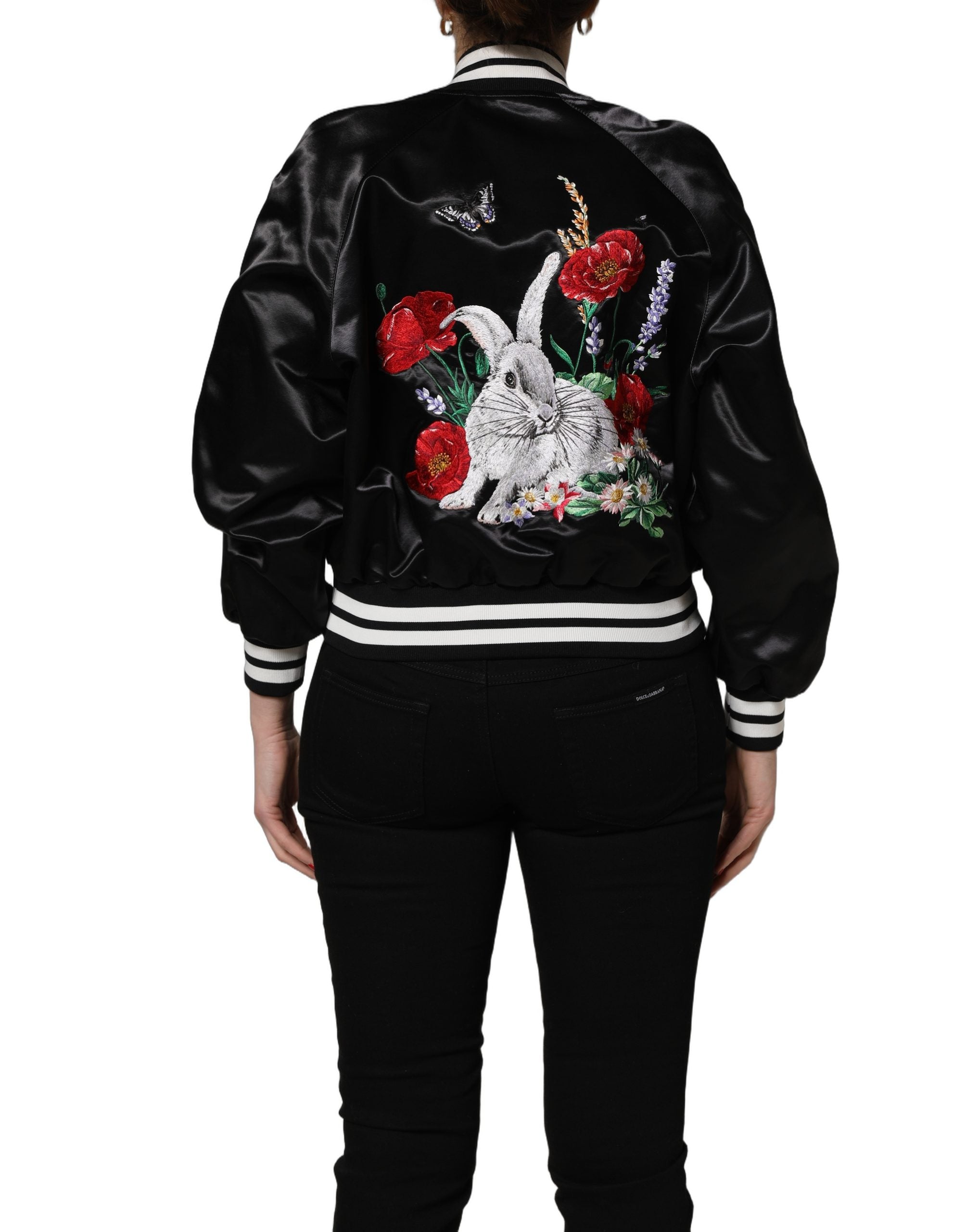 Dolce & Gabbana Black Satin Floral Embroidery Bomber Jacket Dolce & Gabbana