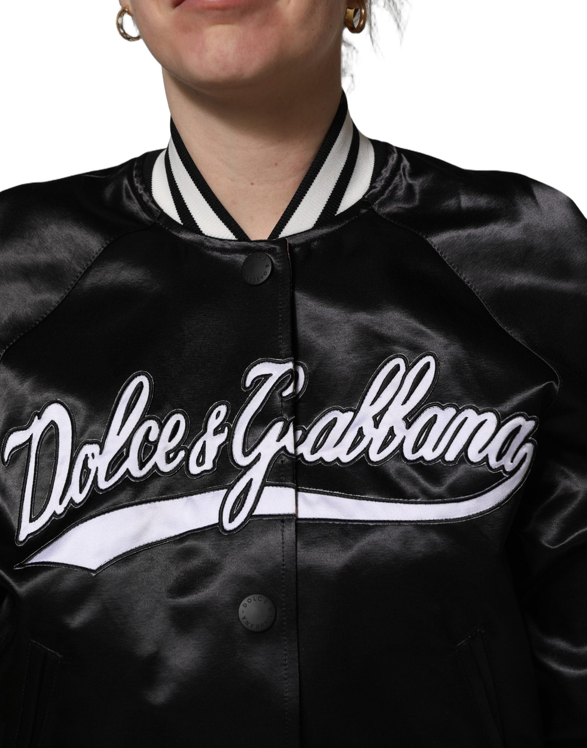 Dolce & Gabbana Black Satin Floral Embroidery Bomber Jacket Dolce & Gabbana