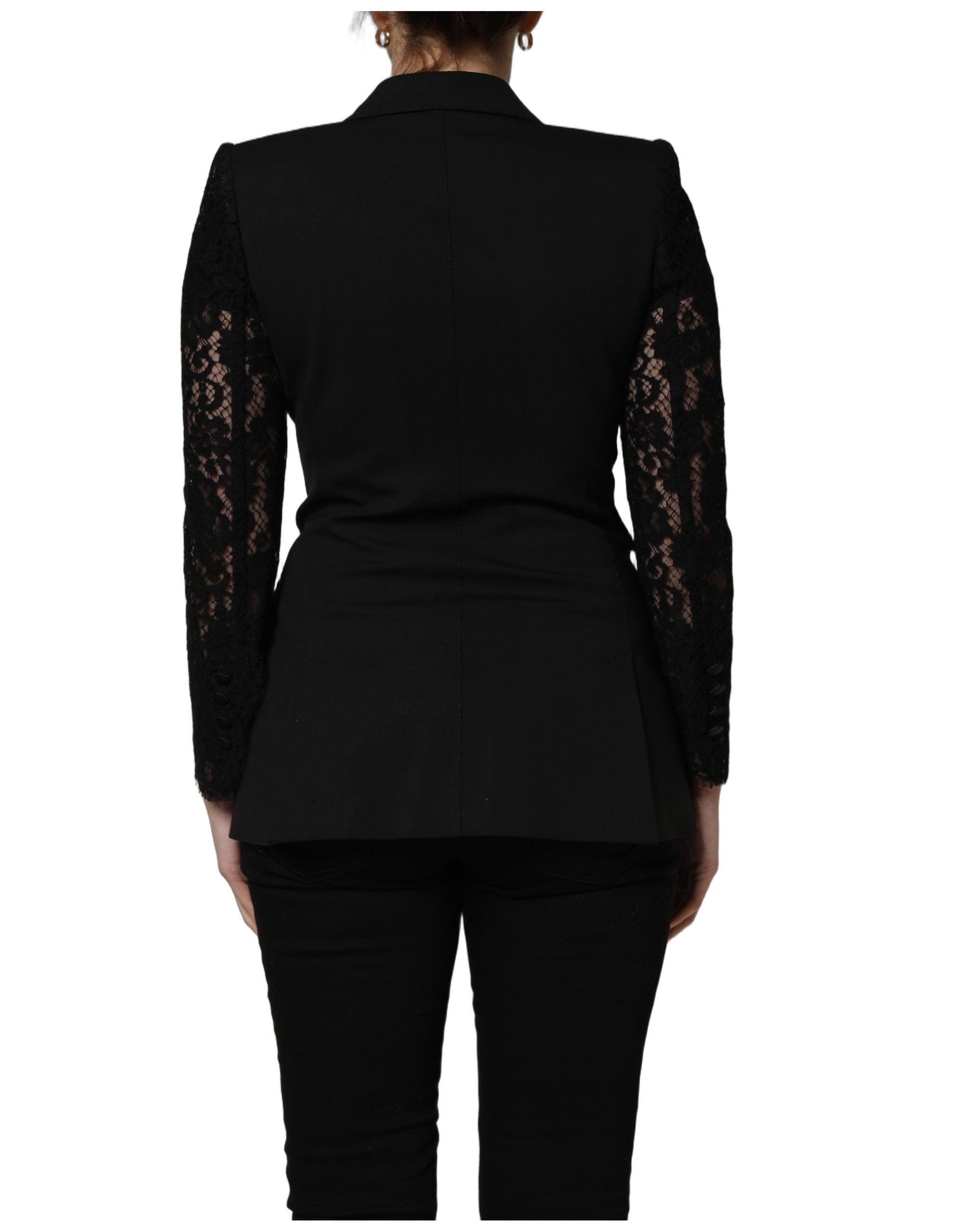 Dolce & Gabbana Black Wool DoubleBreasted Lace Sleeve Jacket Dolce & Gabbana