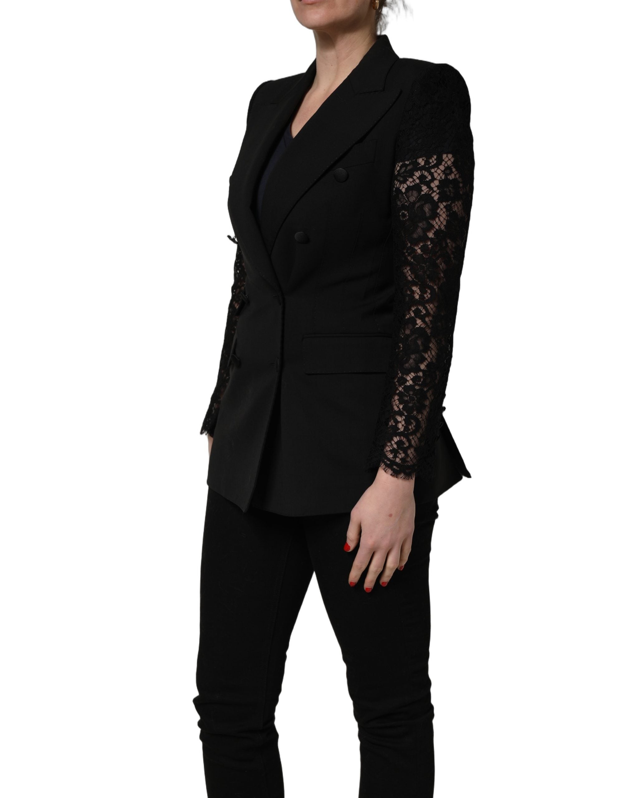Dolce & Gabbana Black Wool DoubleBreasted Lace Sleeve Jacket Dolce & Gabbana