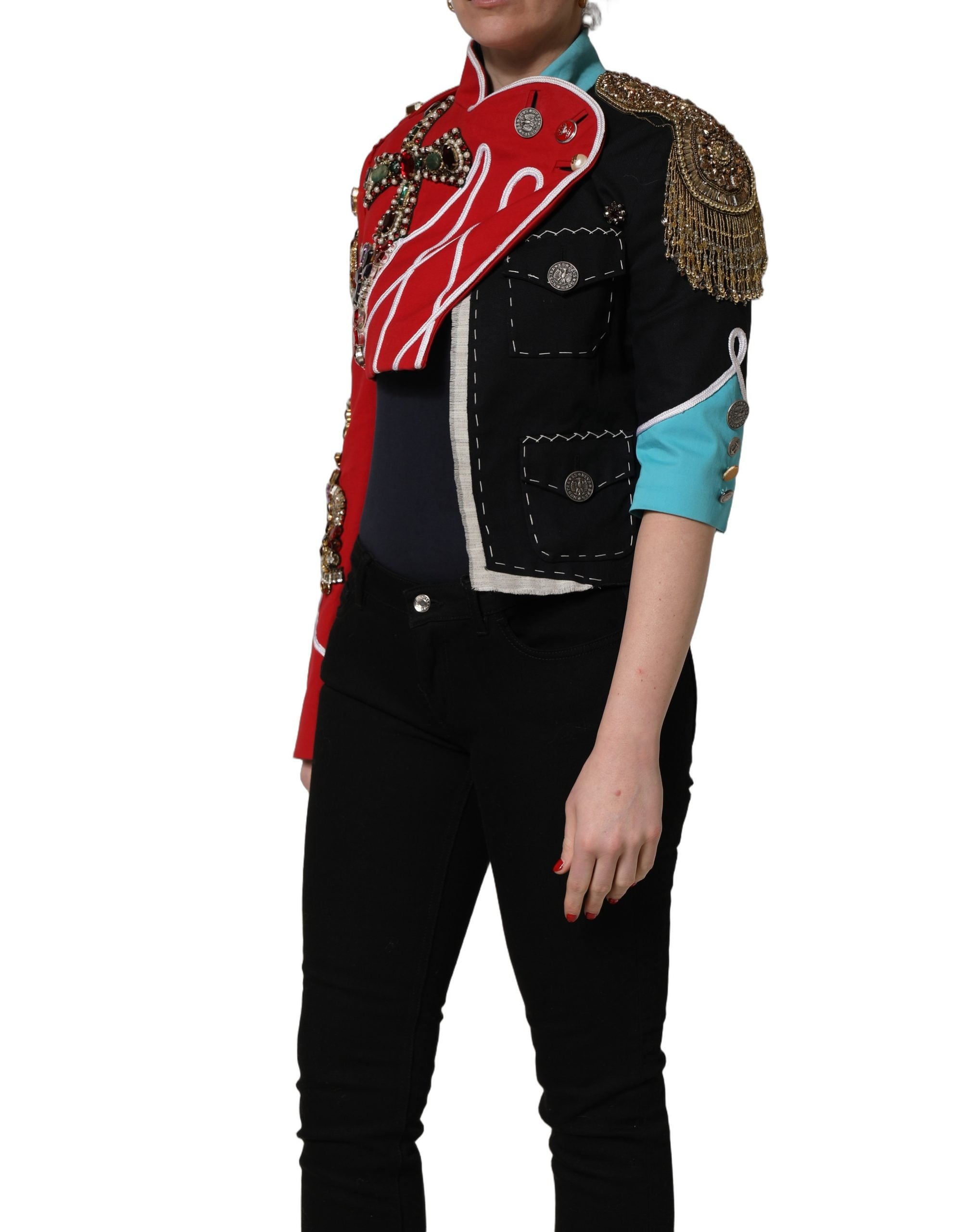 Dolce & Gabbana Multicolor Asymmetrical Ornate Jewel Cropped Jacket Dolce & Gabbana