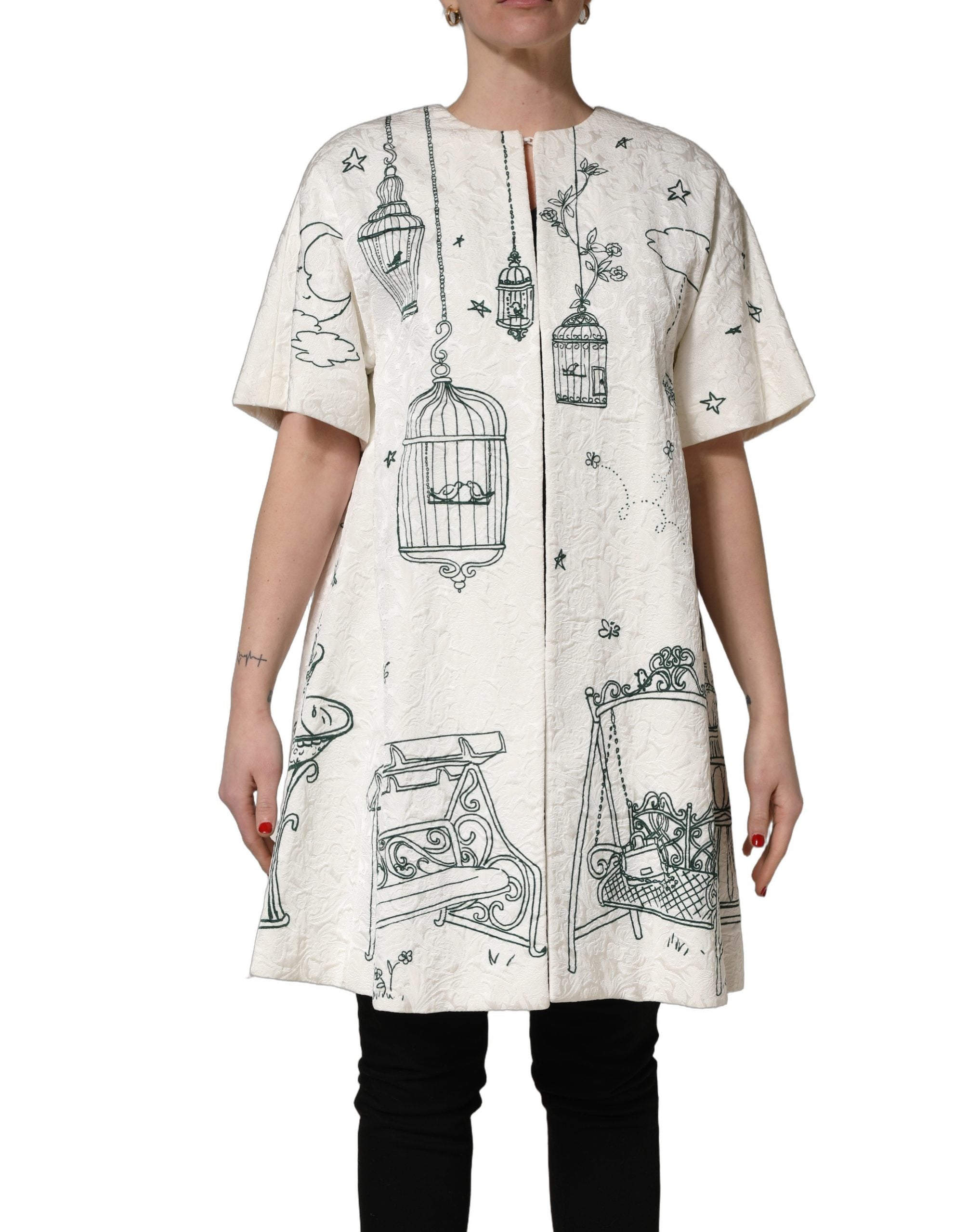 Dolce & Gabbana White Jacquard Garden Print Coat Jacket Dolce & Gabbana