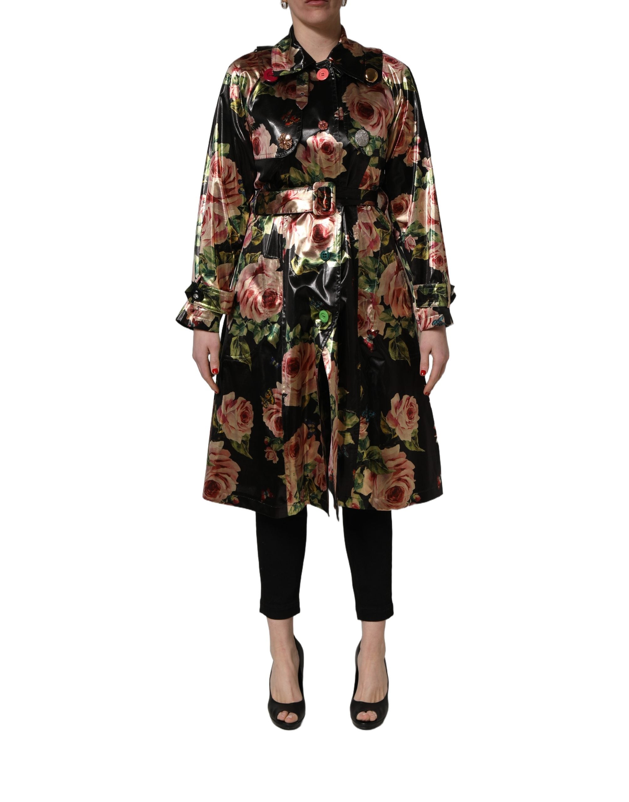 Dolce & Gabbana Black Floral Belted Polyester Trench Coat Jacket Dolce & Gabbana