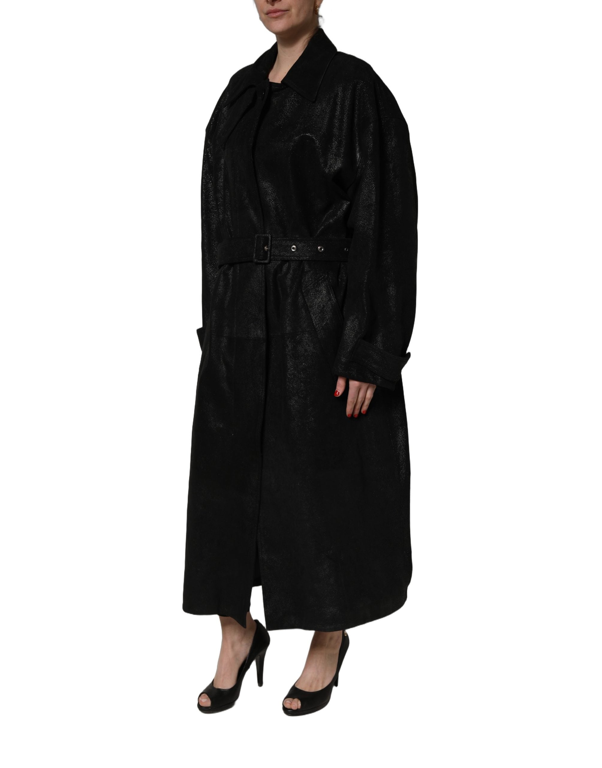 Dolce & Gabbana Black Belted Sheepskin Trench Coat Jacket Dolce & Gabbana