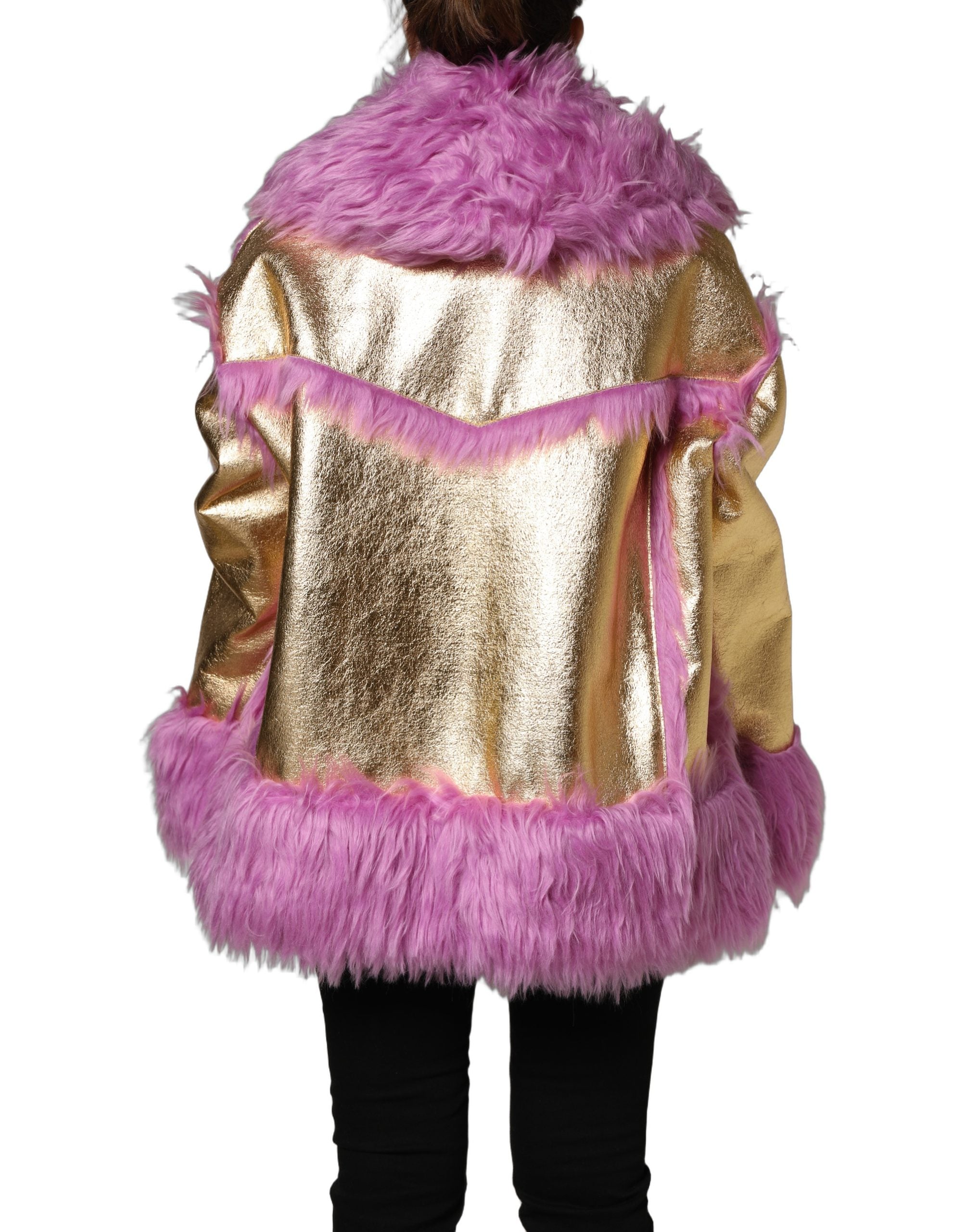 Dolce & Gabbana Pink Plush Faux Fur Gold Leather Coat Jacket Dolce & Gabbana