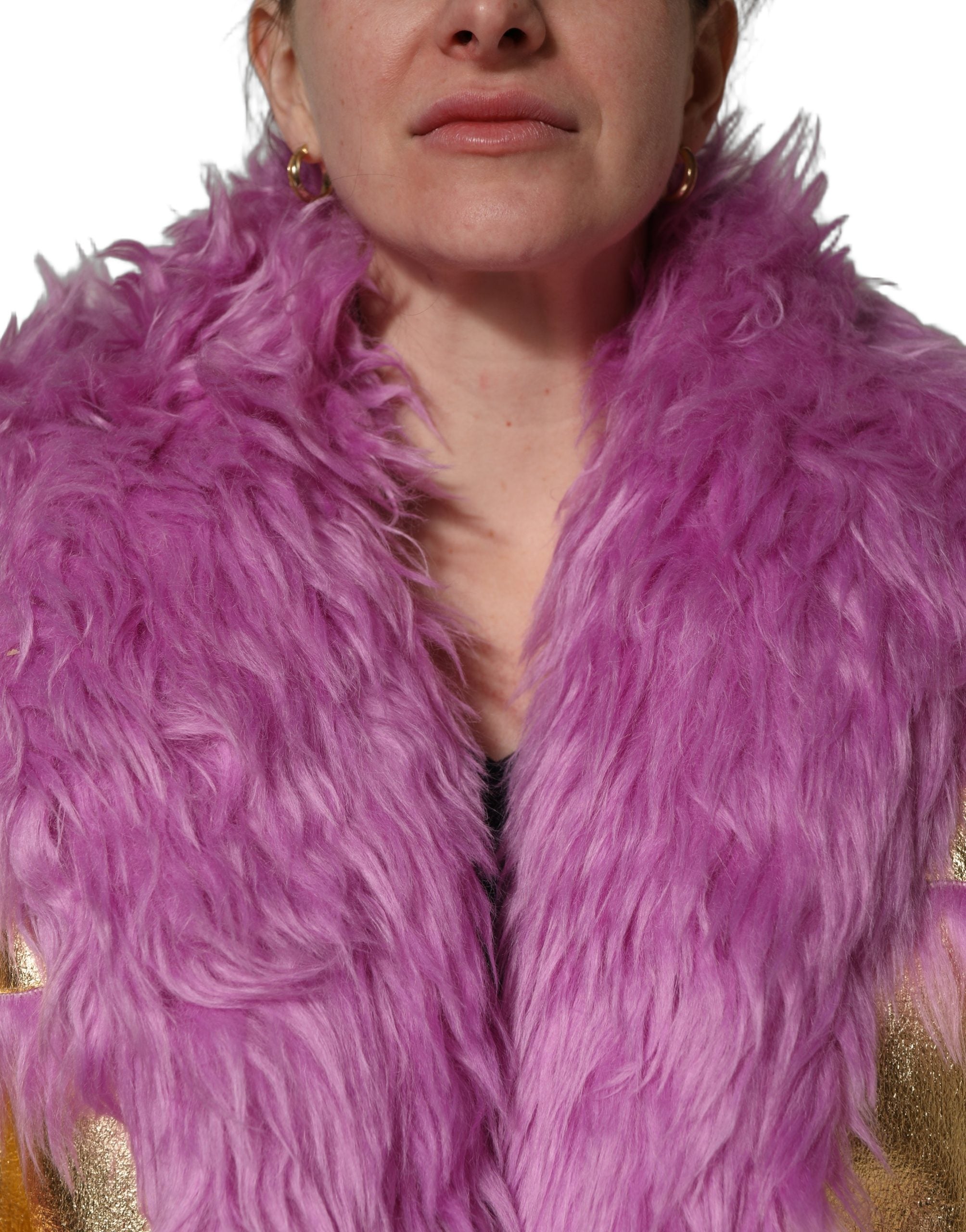 Dolce & Gabbana Pink Plush Faux Fur Gold Leather Coat Jacket Dolce & Gabbana