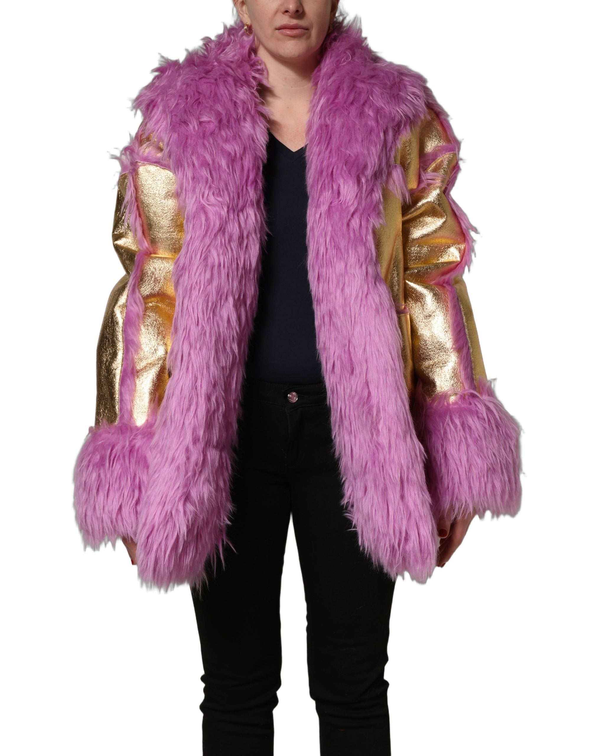 Dolce & Gabbana Pink Plush Faux Fur Gold Leather Coat Jacket Dolce & Gabbana
