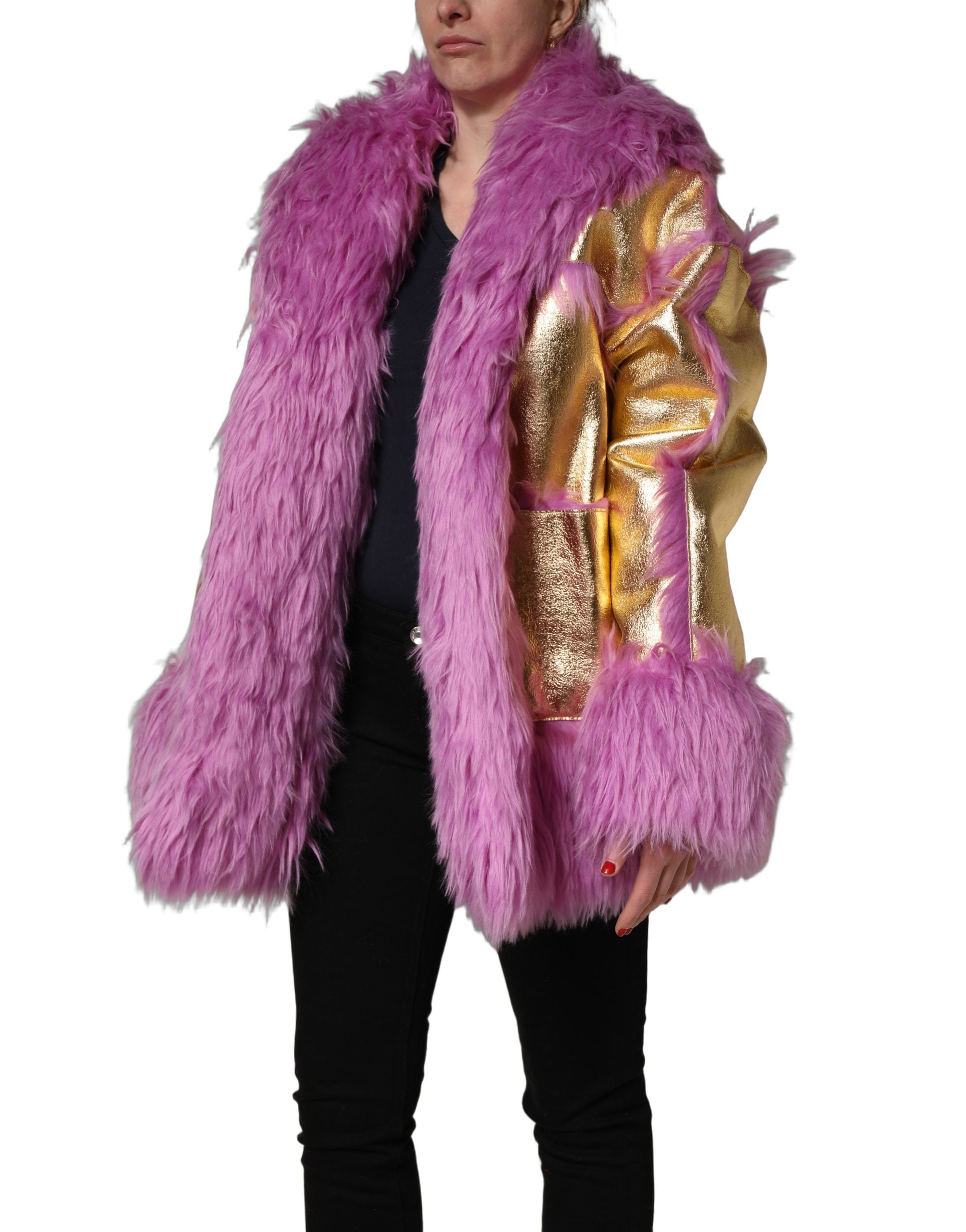 Dolce & Gabbana Pink Plush Faux Fur Gold Leather Coat Jacket Dolce & Gabbana