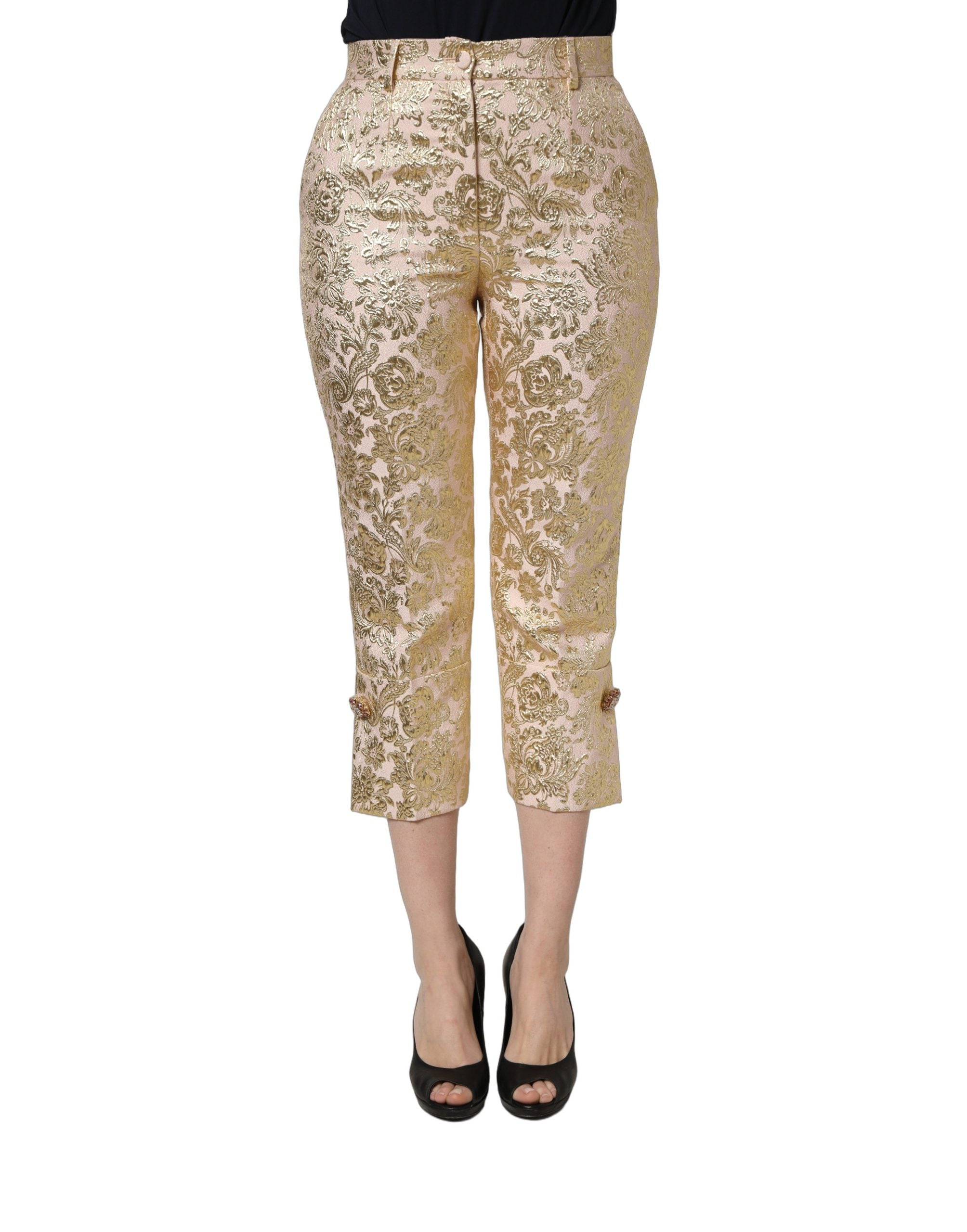Dolce & Gabbana Gold Jacquard Floral Lamé Crop Trouser Pants Dolce & Gabbana