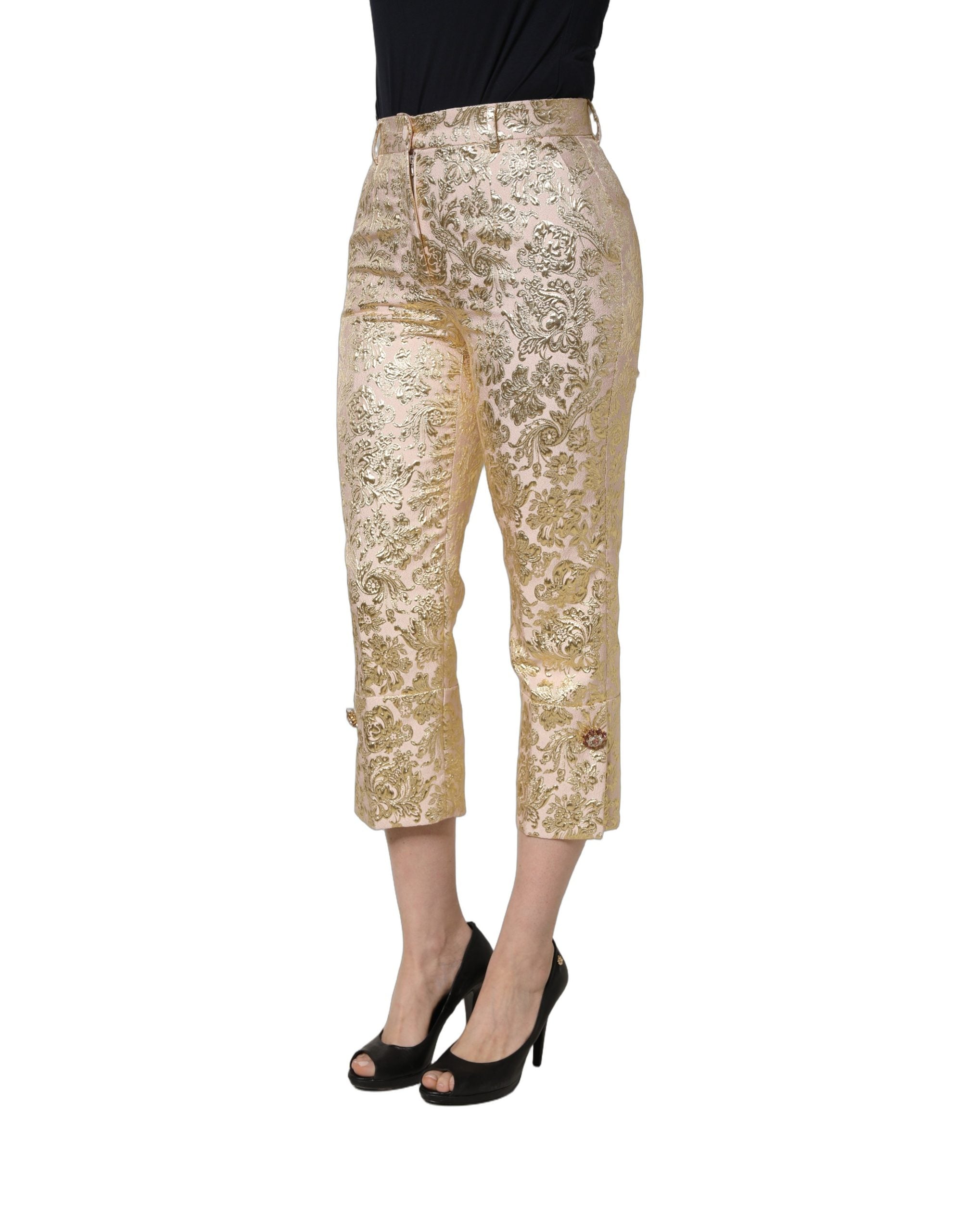 Dolce & Gabbana Gold Jacquard Floral Lamé Crop Trouser Pants Dolce & Gabbana