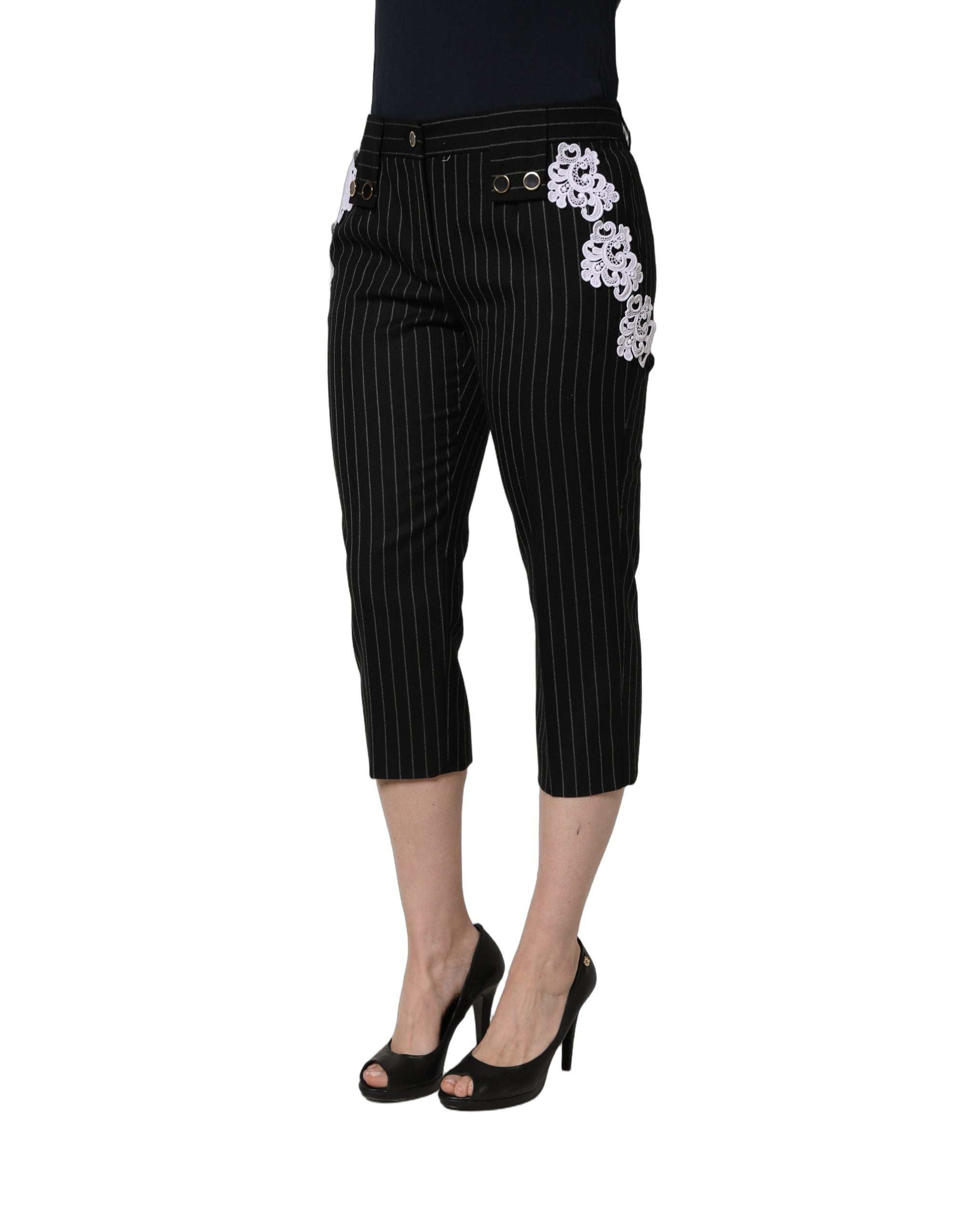 Dolce & Gabbana Black Lace Applique Pinstripe Cropped Pants Dolce & Gabbana