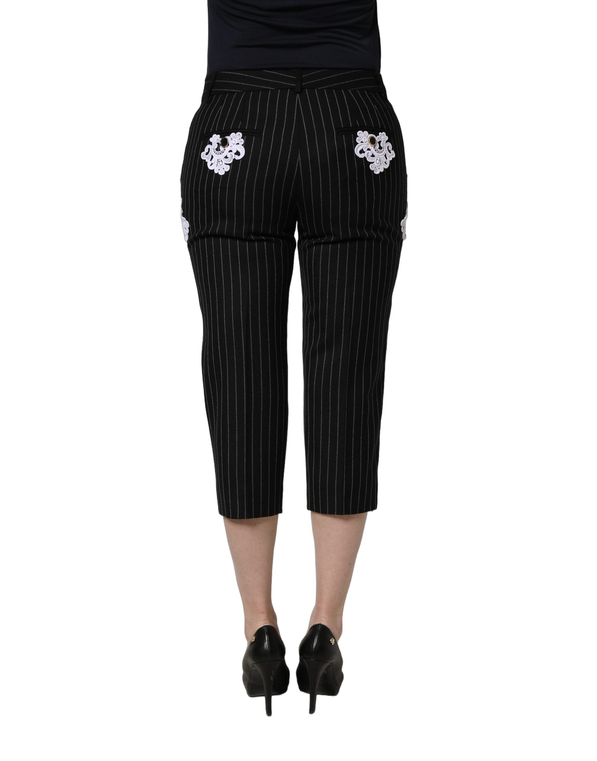 Dolce & Gabbana Black Lace Applique Pinstripe Cropped Pants Dolce & Gabbana