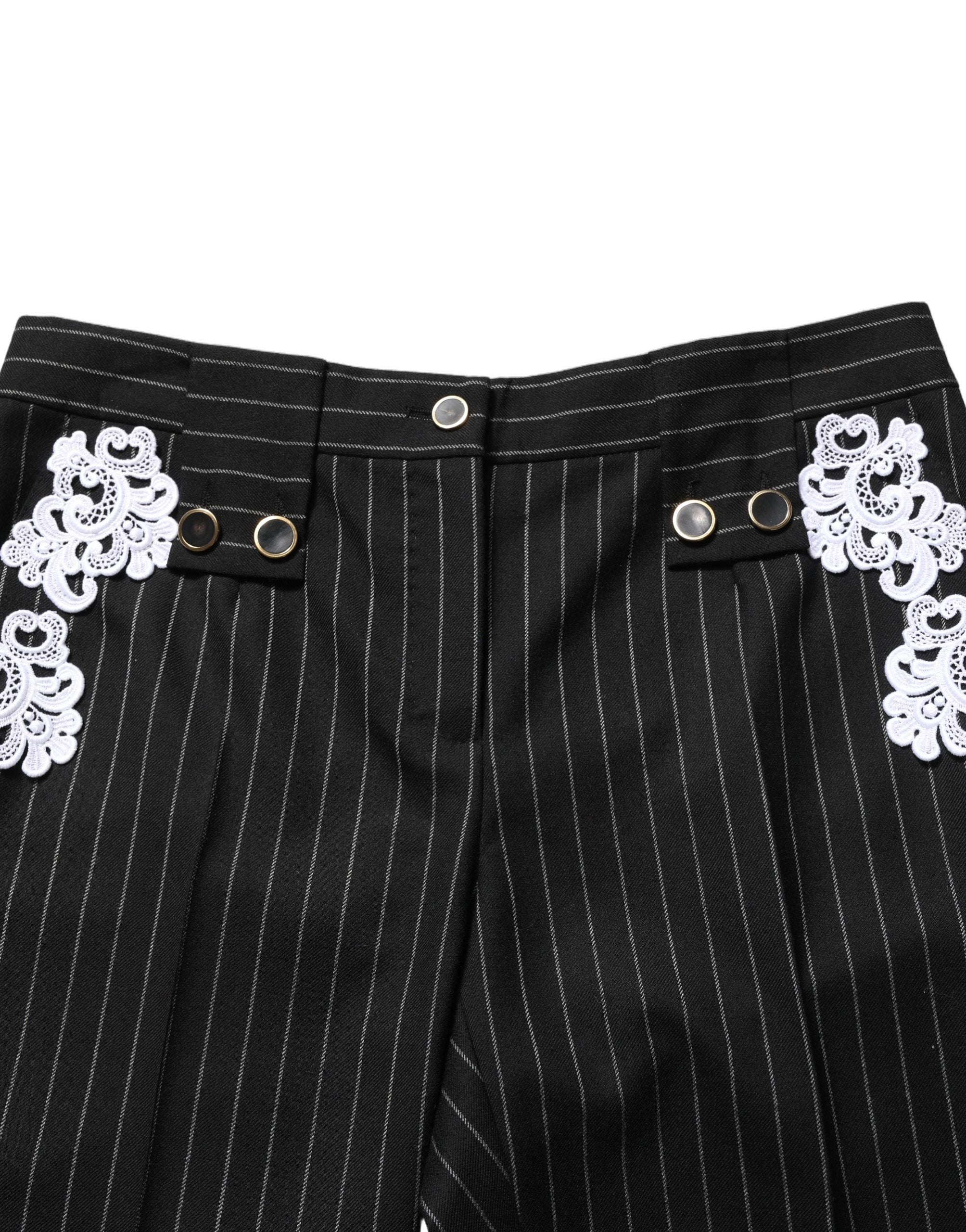 Dolce & Gabbana Black Lace Applique Pinstripe Cropped Pants Dolce & Gabbana