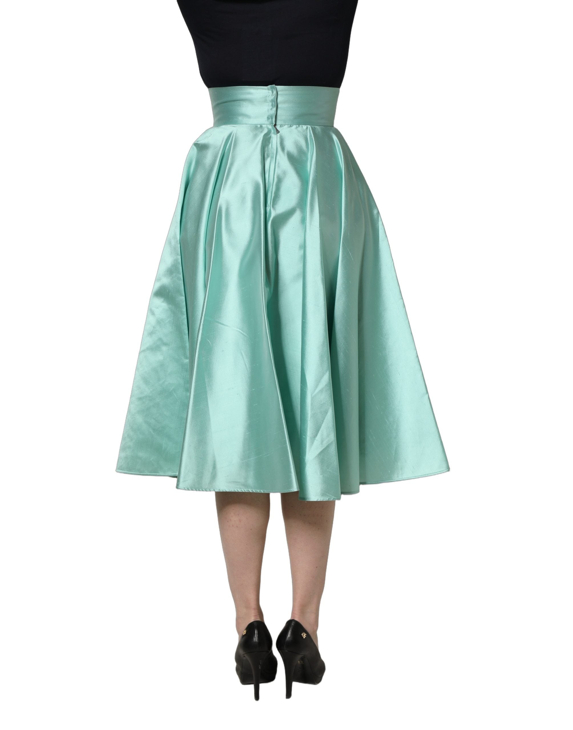 Dolce & Gabbana Green Satin High-Waisted Pleated A-line Midi Skirt Dolce & Gabbana