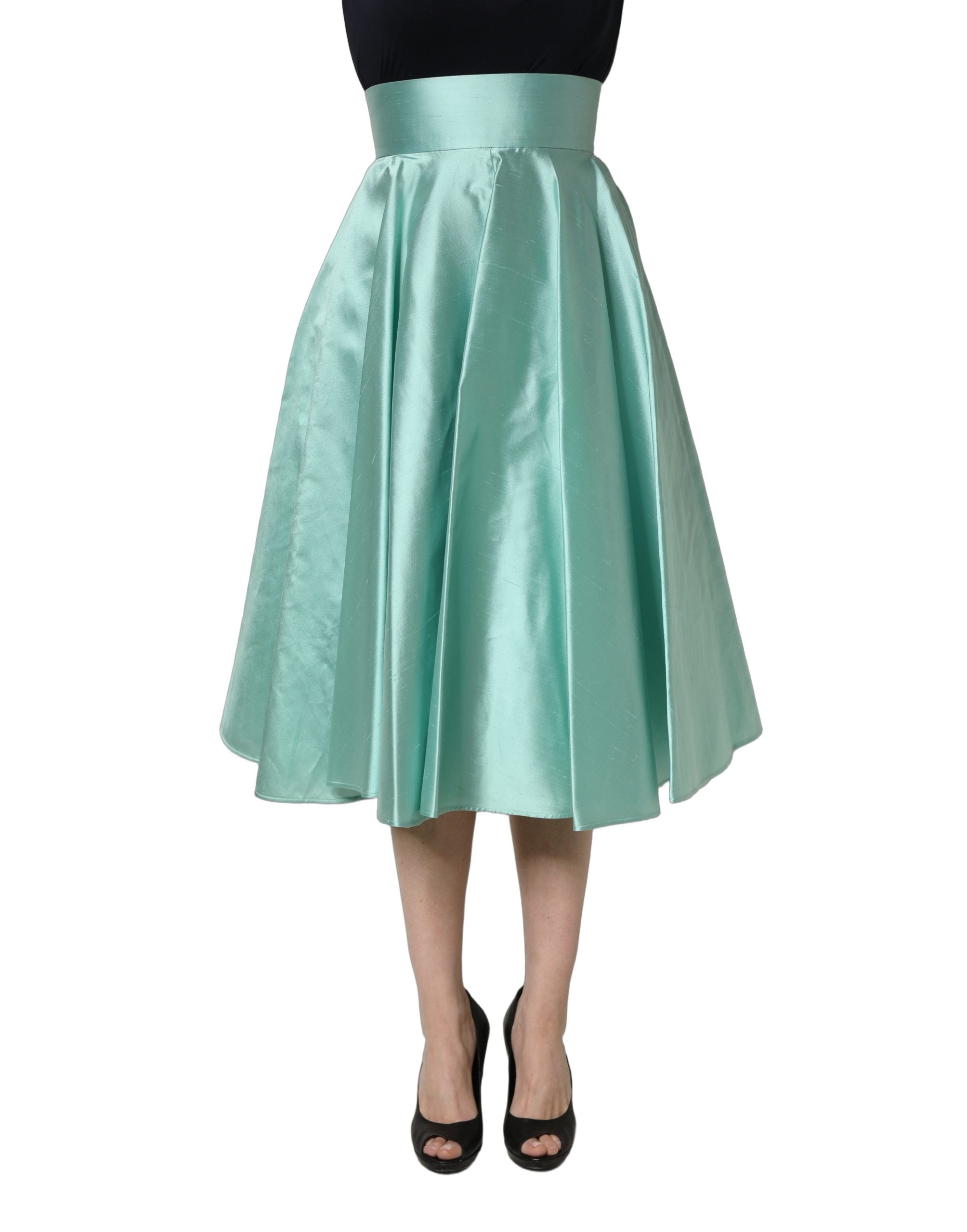 Dolce & Gabbana Green Satin High-Waisted Pleated A-line Midi Skirt Dolce & Gabbana