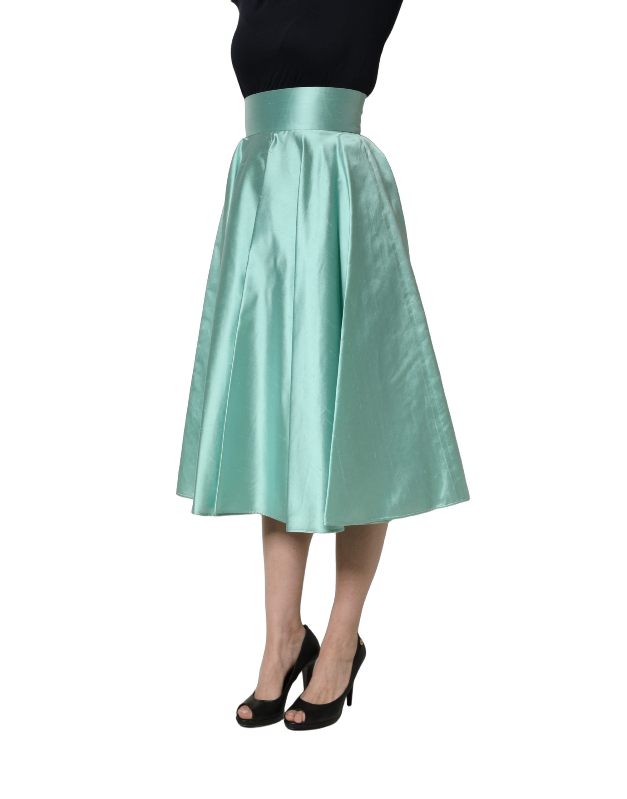 Dolce & Gabbana Green Satin High-Waisted Pleated A-line Midi Skirt Dolce & Gabbana