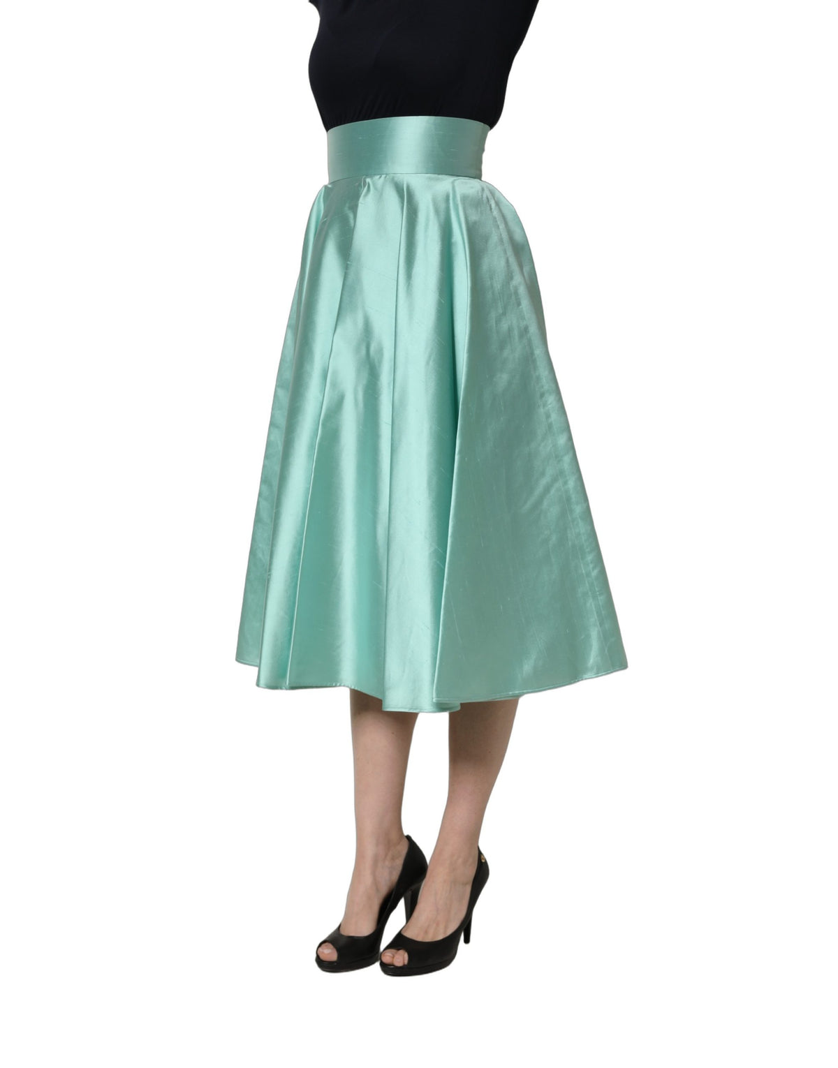 Dolce & Gabbana Green Satin High-Waisted Pleated A-line Midi Skirt
