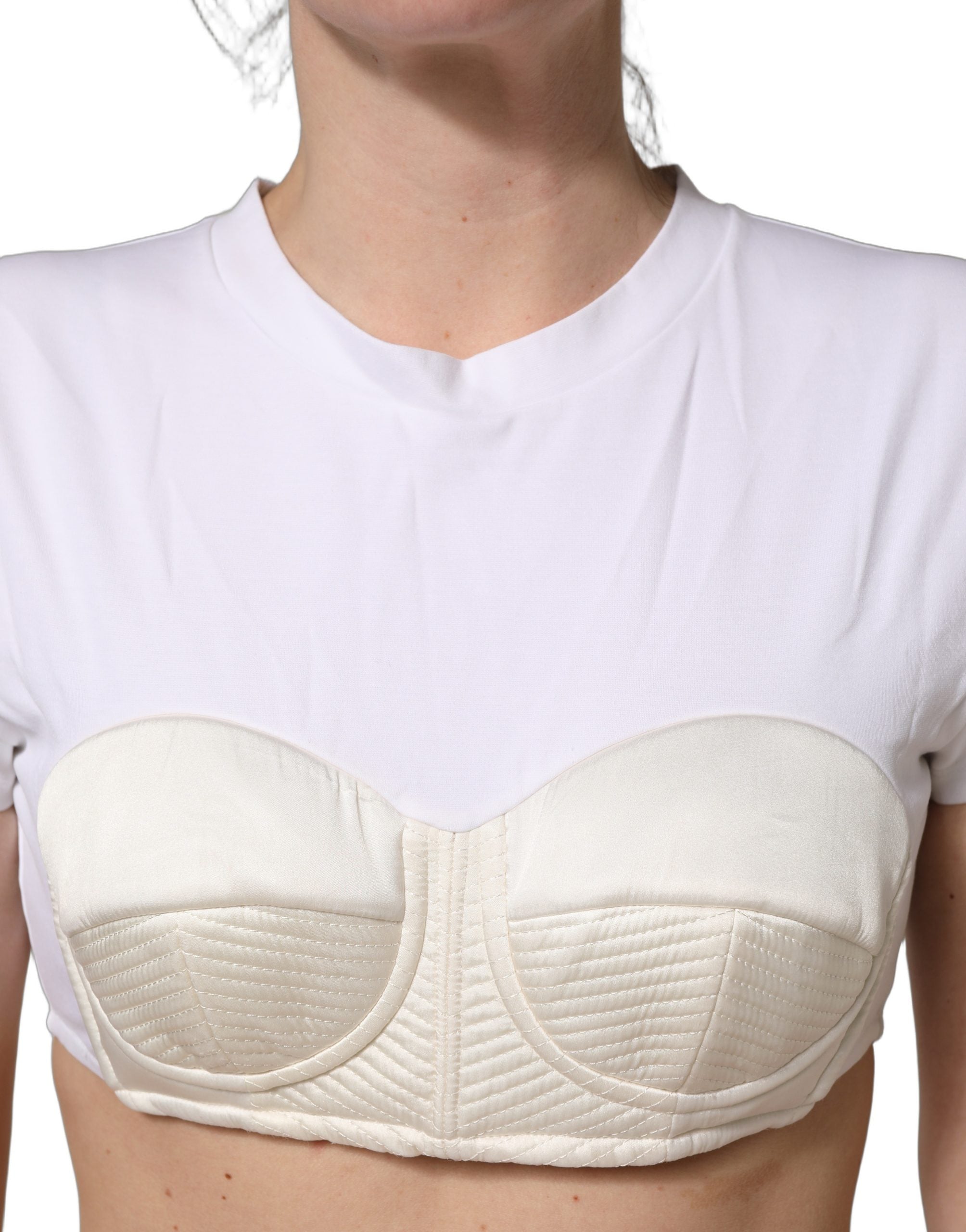 Dolce & Gabbana White Bustier Short Sleeve CrewNeck Cropped Top Dolce & Gabbana