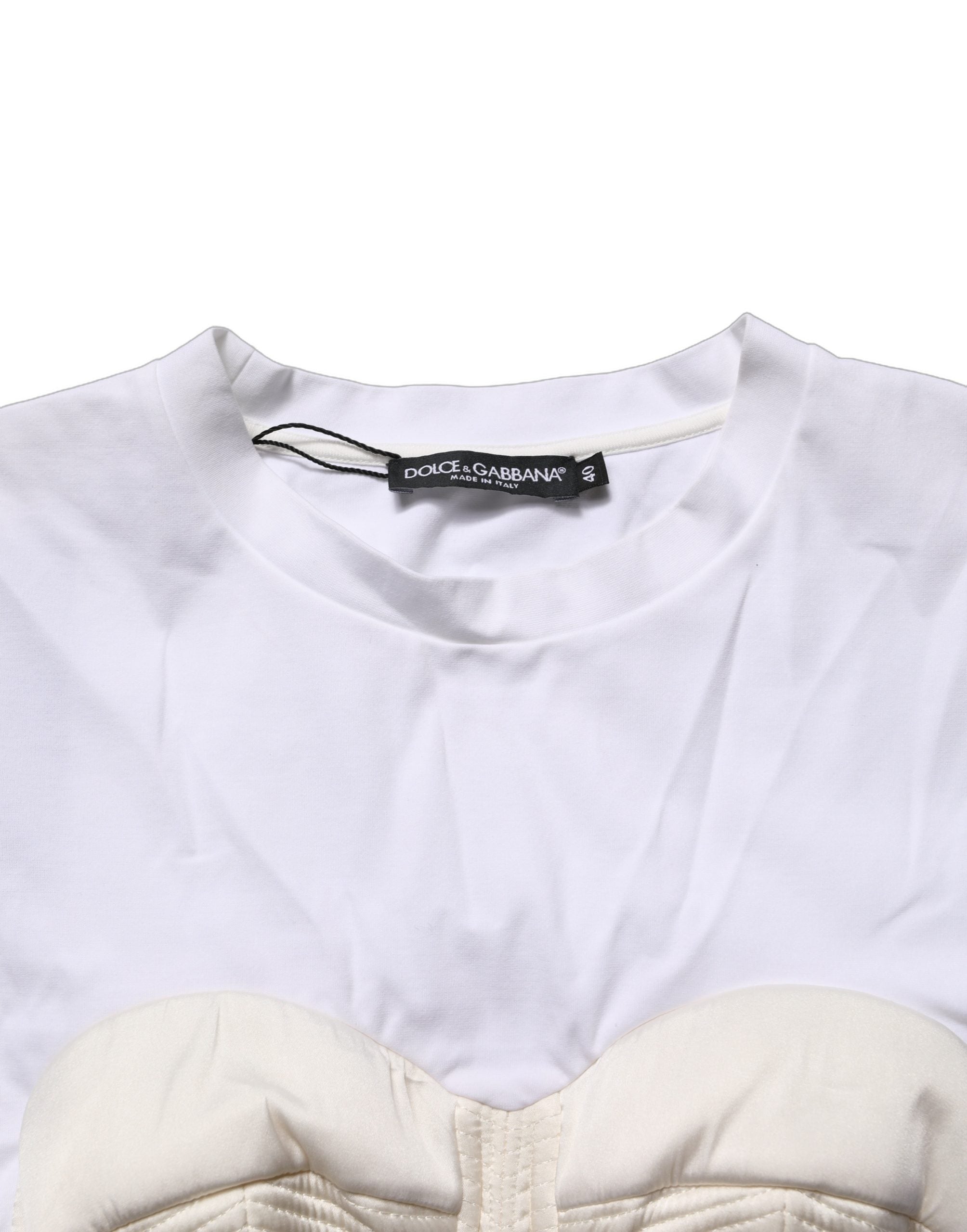 Dolce & Gabbana White Bustier Short Sleeve CrewNeck Cropped Top Dolce & Gabbana