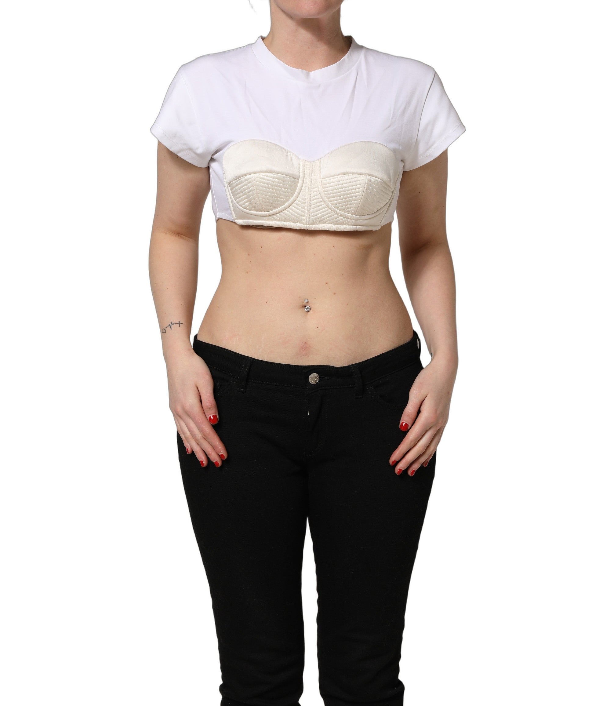 Dolce & Gabbana White Bustier Short Sleeve CrewNeck Cropped Top Dolce & Gabbana