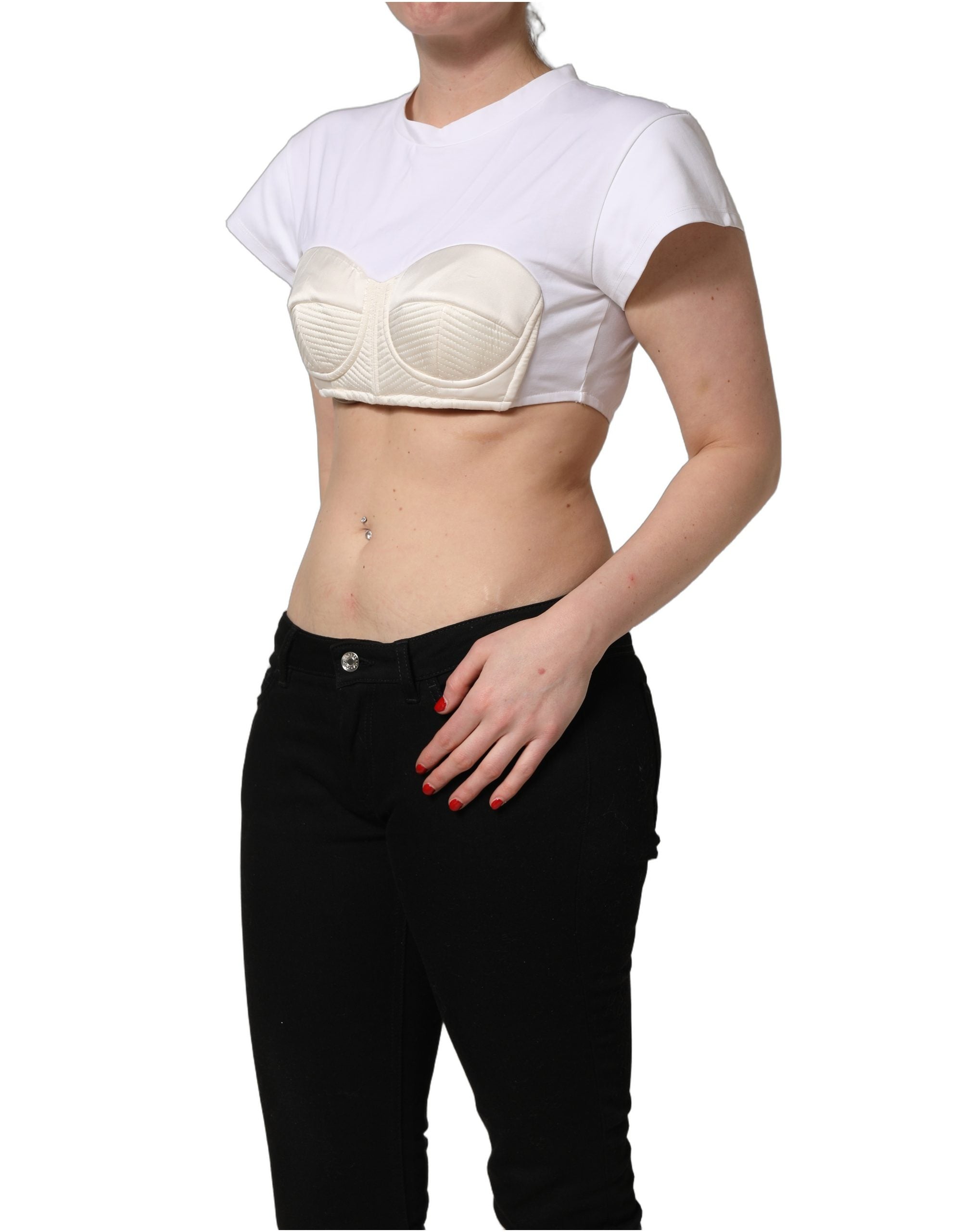 Dolce & Gabbana White Bustier Short Sleeve CrewNeck Cropped Top Dolce & Gabbana