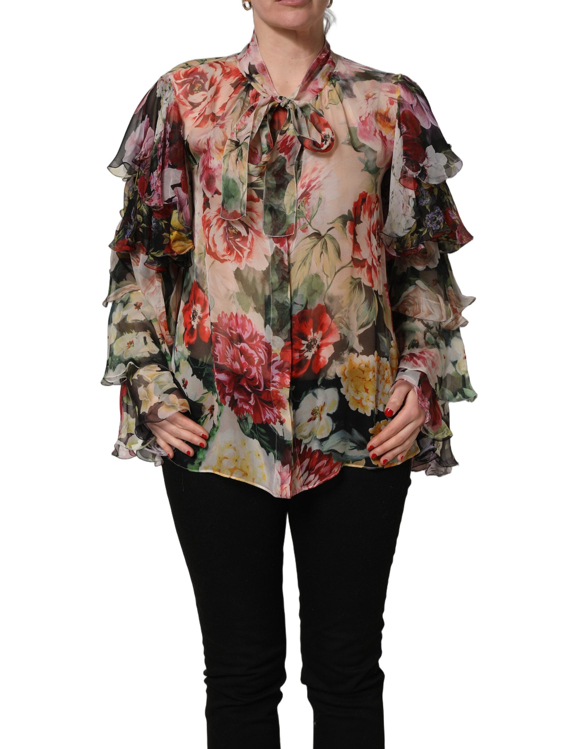 Dolce & Gabbana Multicolor Floral Tie-Neck Silk Chiffon Blouse Top Dolce & Gabbana