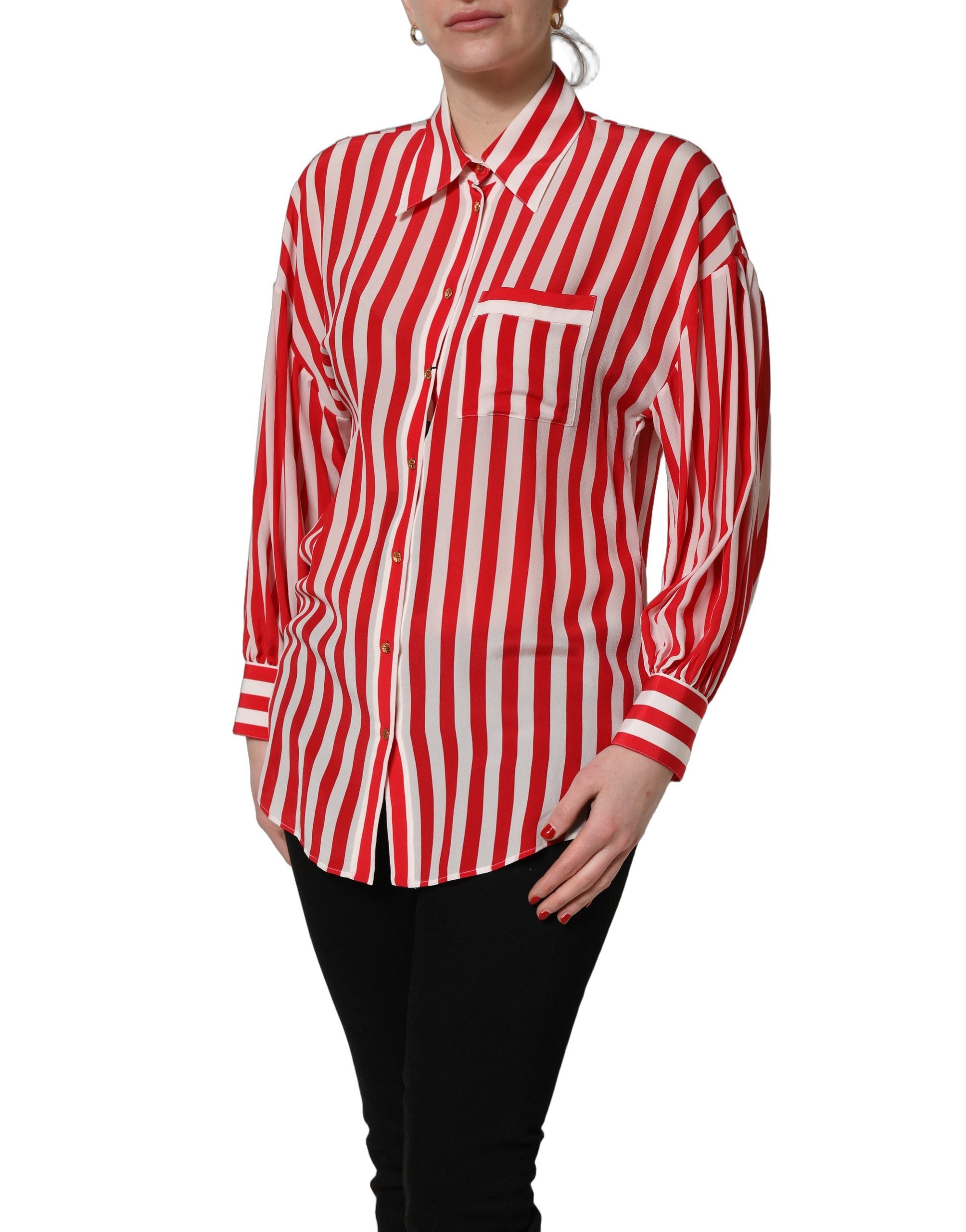 Dolce & Gabbana Red White Striped Long Sleeve Silk Blouse Top Dolce & Gabbana