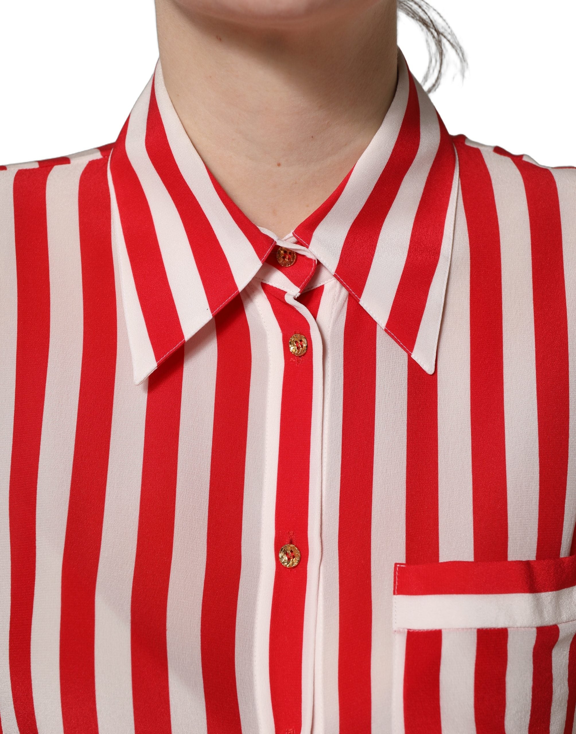 Dolce & Gabbana Red White Striped Long Sleeve Silk Blouse Top Dolce & Gabbana