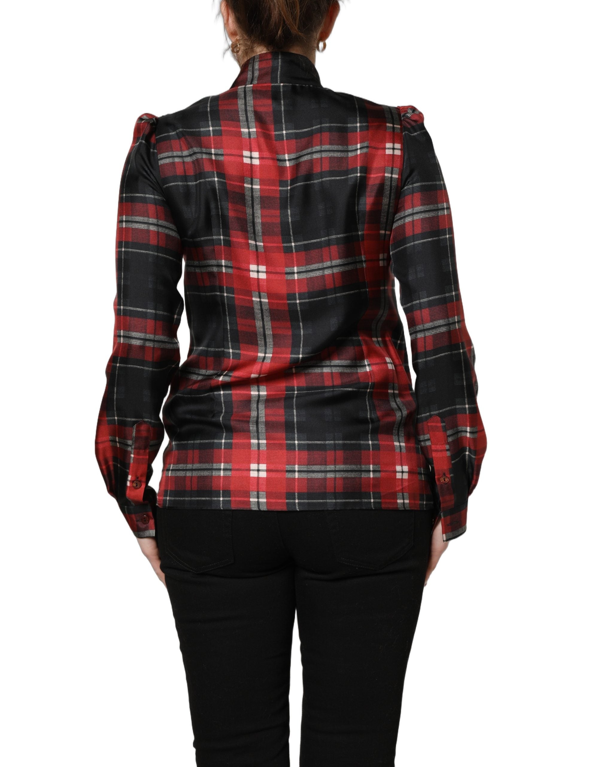 Dolce & Gabbana Red Black Plaid Silk Tie-Neck Blouse Top Dolce & Gabbana