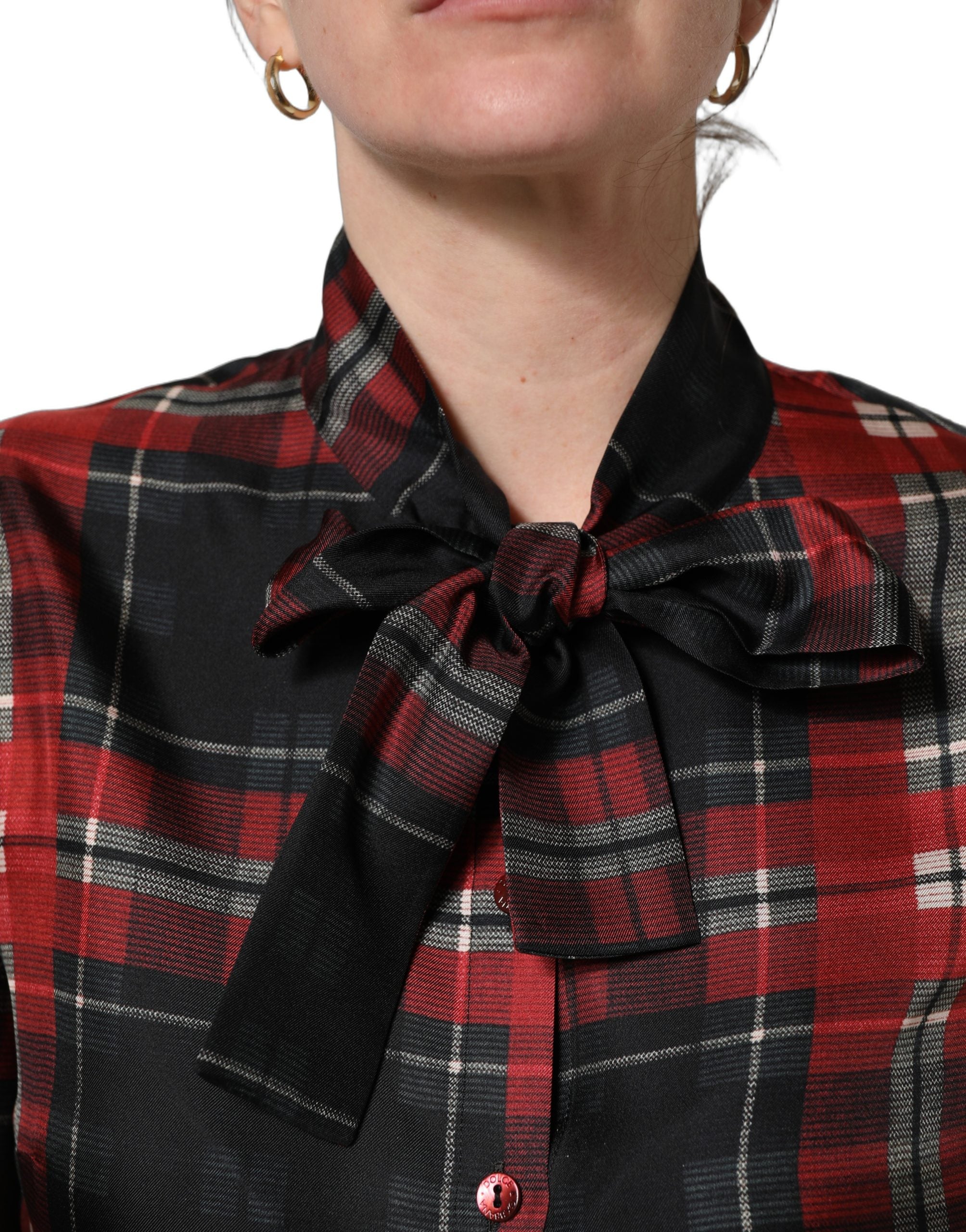 Dolce & Gabbana Red Black Plaid Silk Tie-Neck Blouse Top Dolce & Gabbana