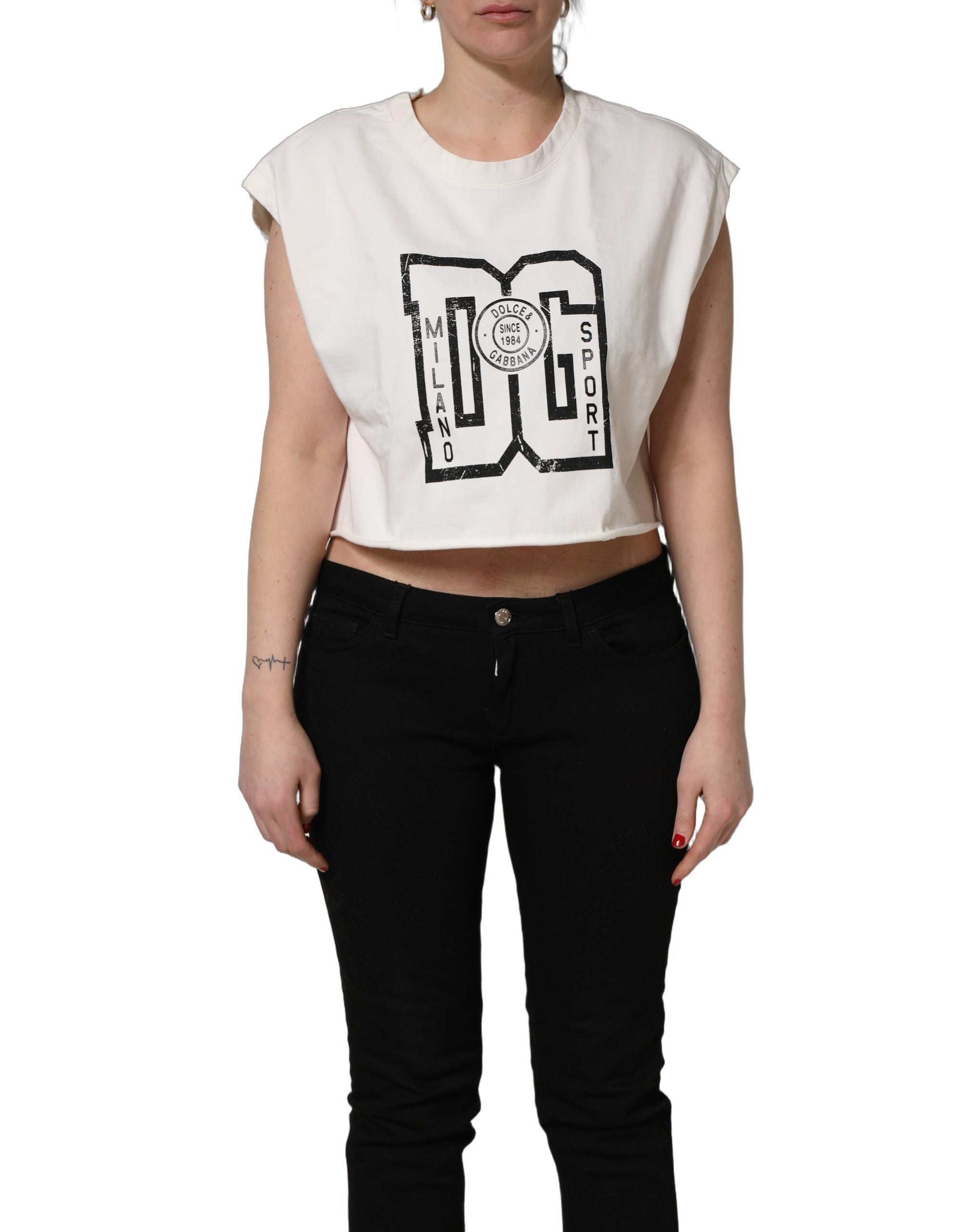 Dolce & Gabbana White Cotton DG Logo Print Cropped Jersey Top Dolce & Gabbana