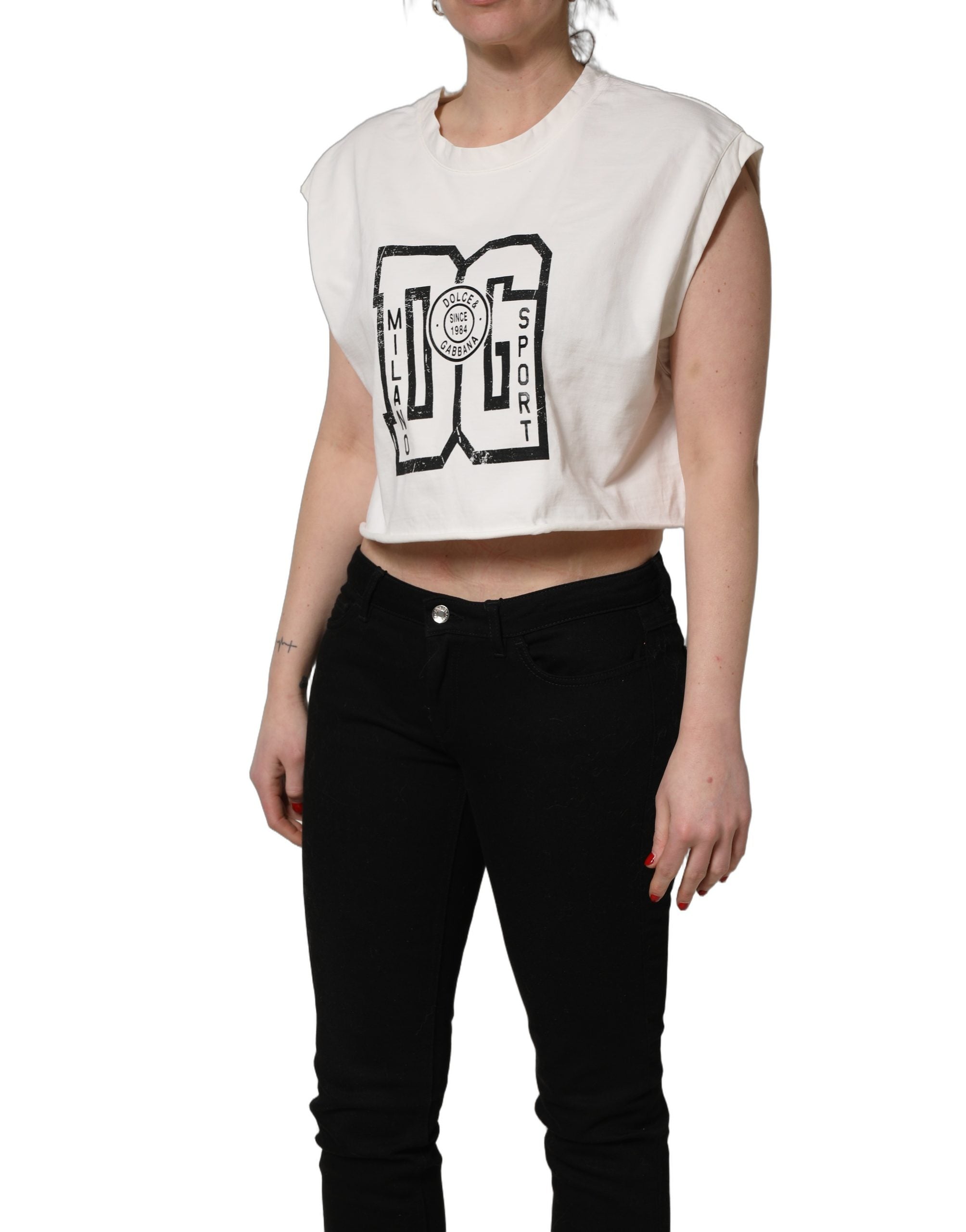 Dolce & Gabbana White Cotton DG Logo Print Cropped Jersey Top Dolce & Gabbana