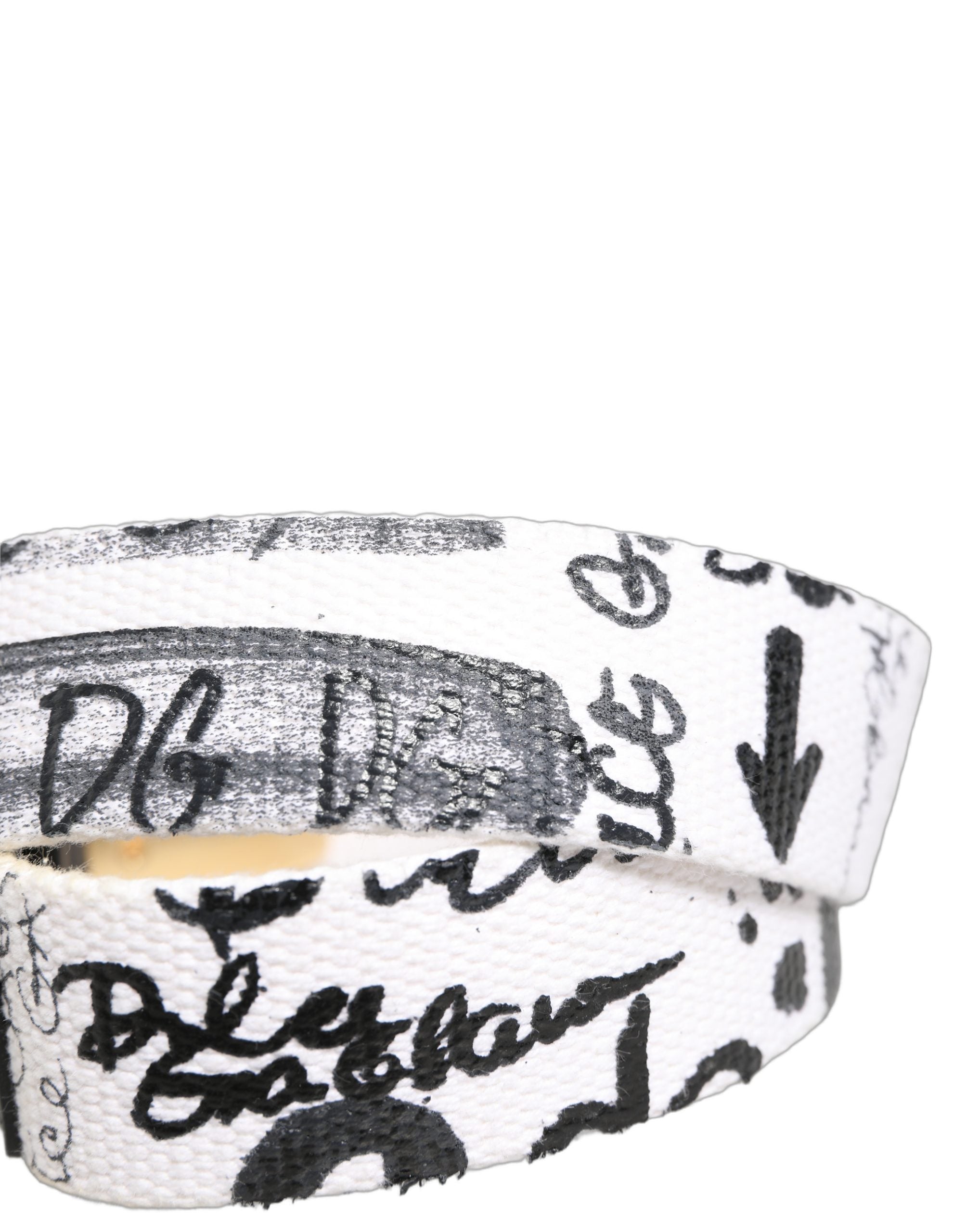 Dolce & Gabbana White Graffiti Print Gold Metal Buckle Belt Dolce & Gabbana