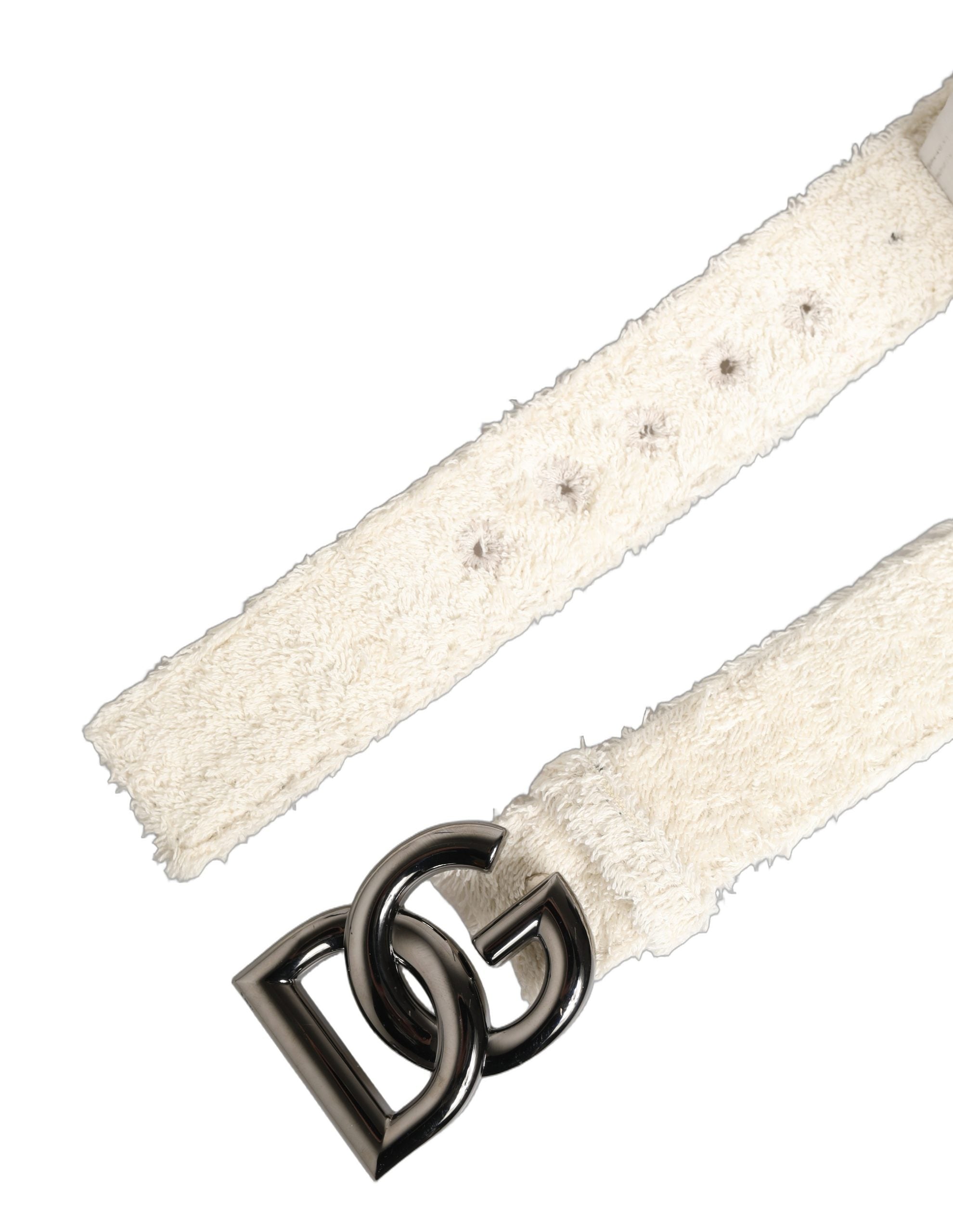 Dolce & Gabbana White Cotton Fleece DG Logo Metal Buckle Belt Dolce & Gabbana