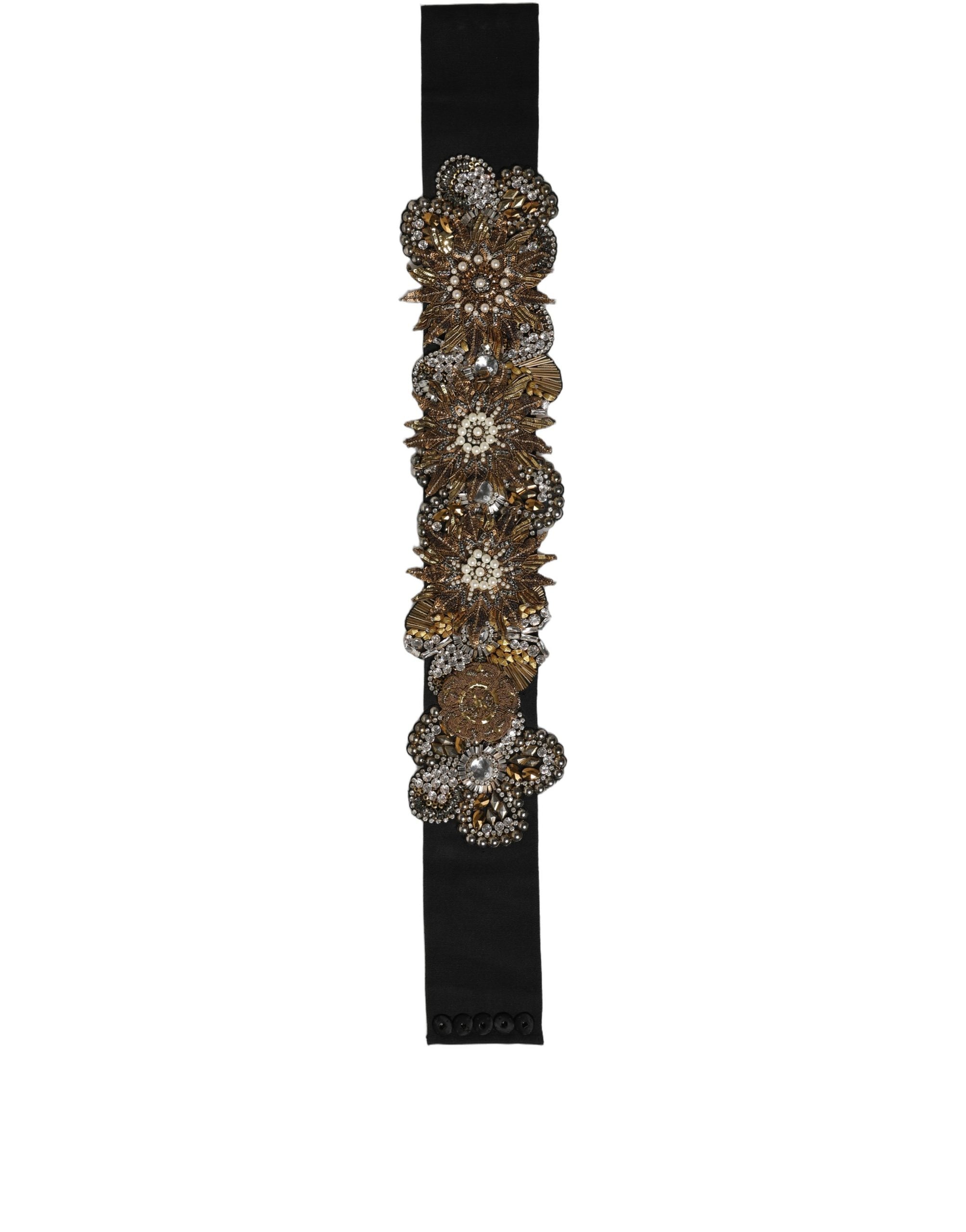 Dolce & Gabbana Black Gold Tone Crystal Brass Flower Brooches Belt Dolce & Gabbana