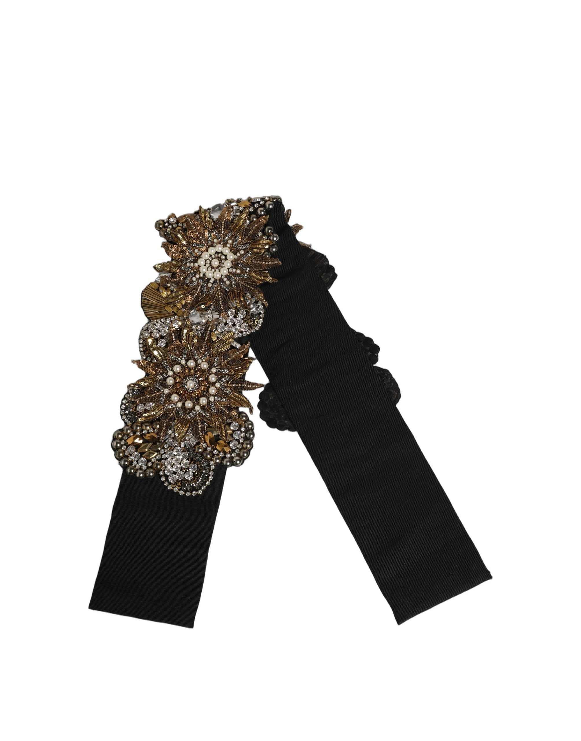 Dolce & Gabbana Black Gold Tone Crystal Brass Flower Brooches Belt Dolce & Gabbana