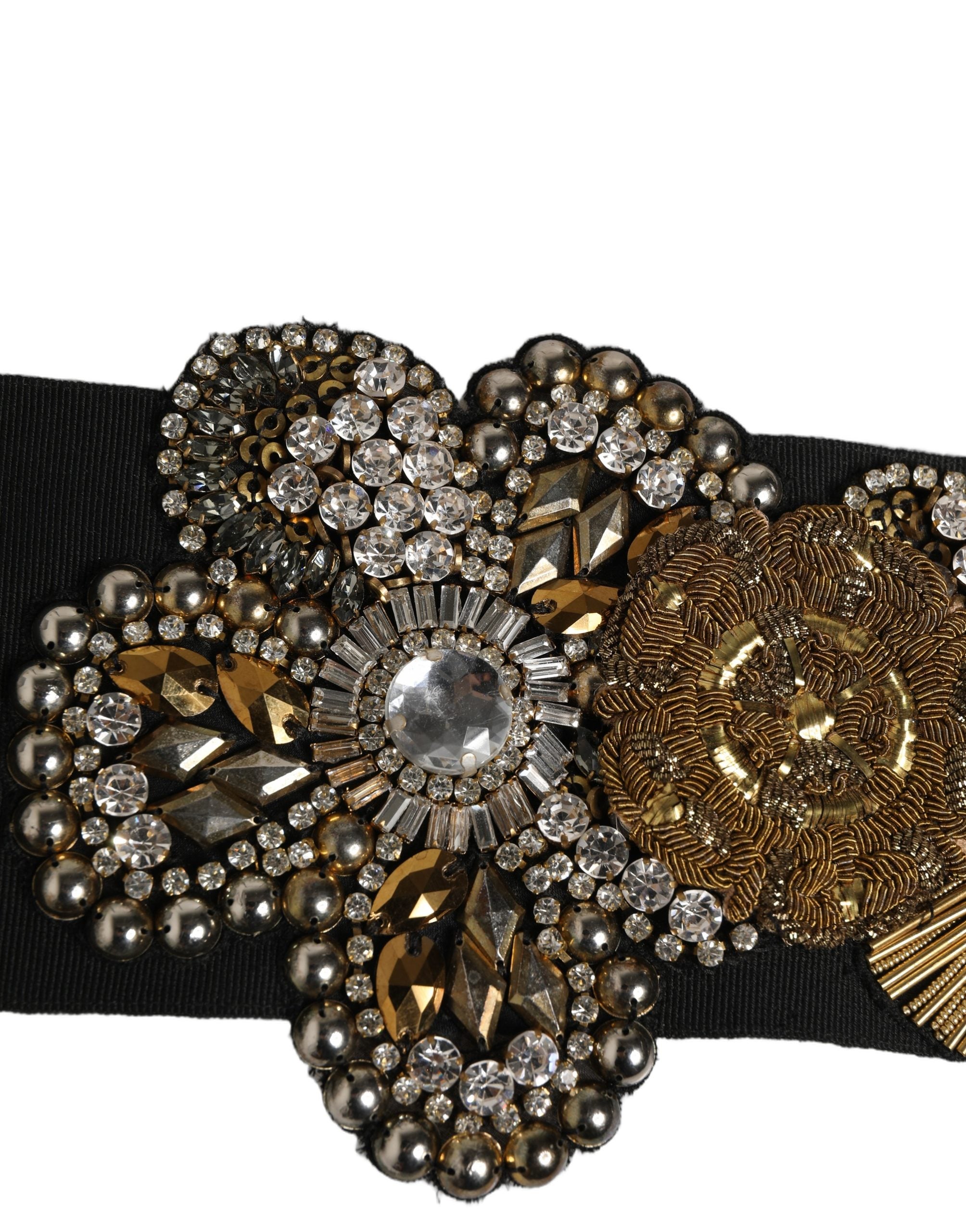 Dolce & Gabbana Black Gold Tone Crystal Brass Flower Brooches Belt Dolce & Gabbana