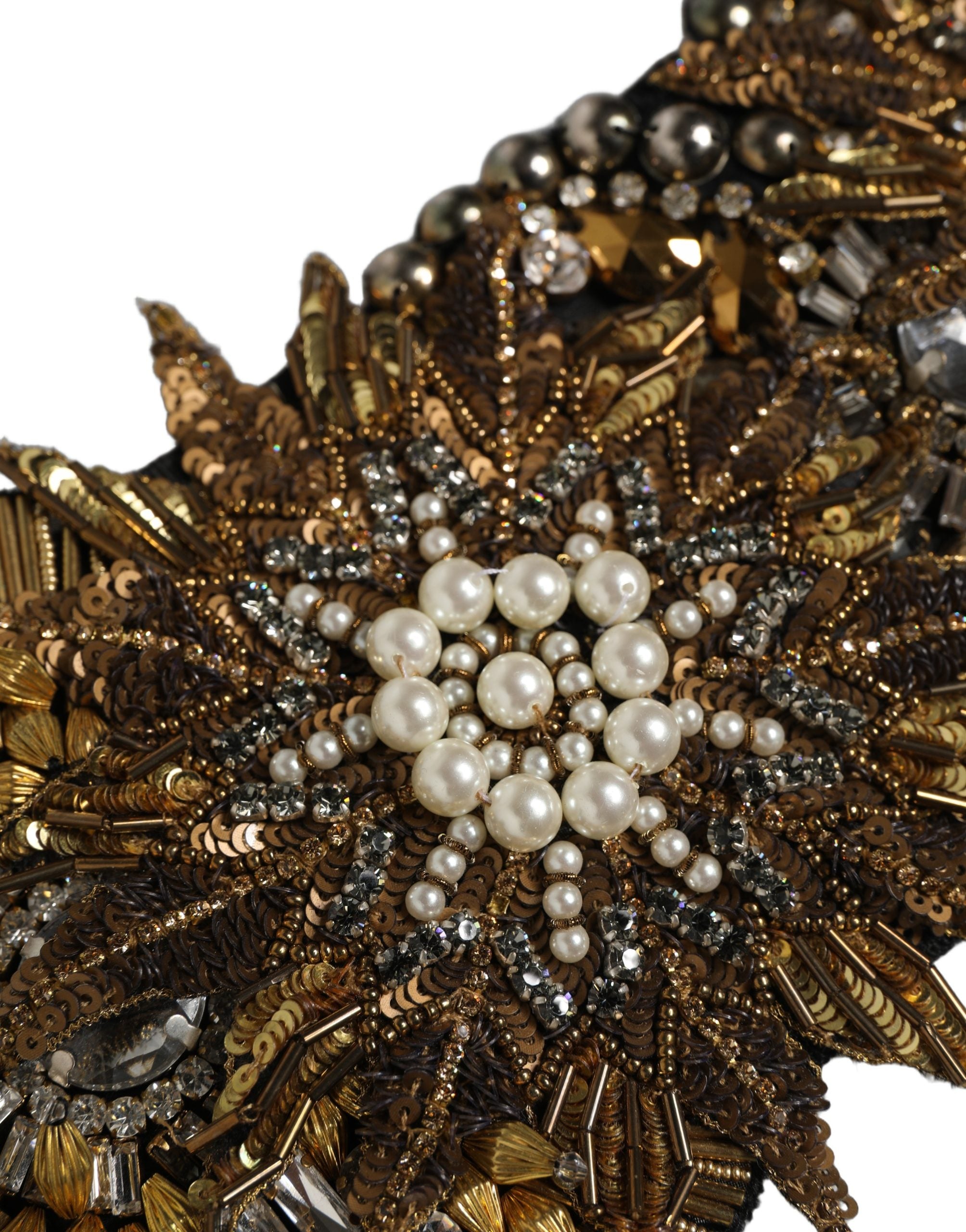 Dolce & Gabbana Black Gold Tone Crystal Brass Flower Brooches Belt Dolce & Gabbana
