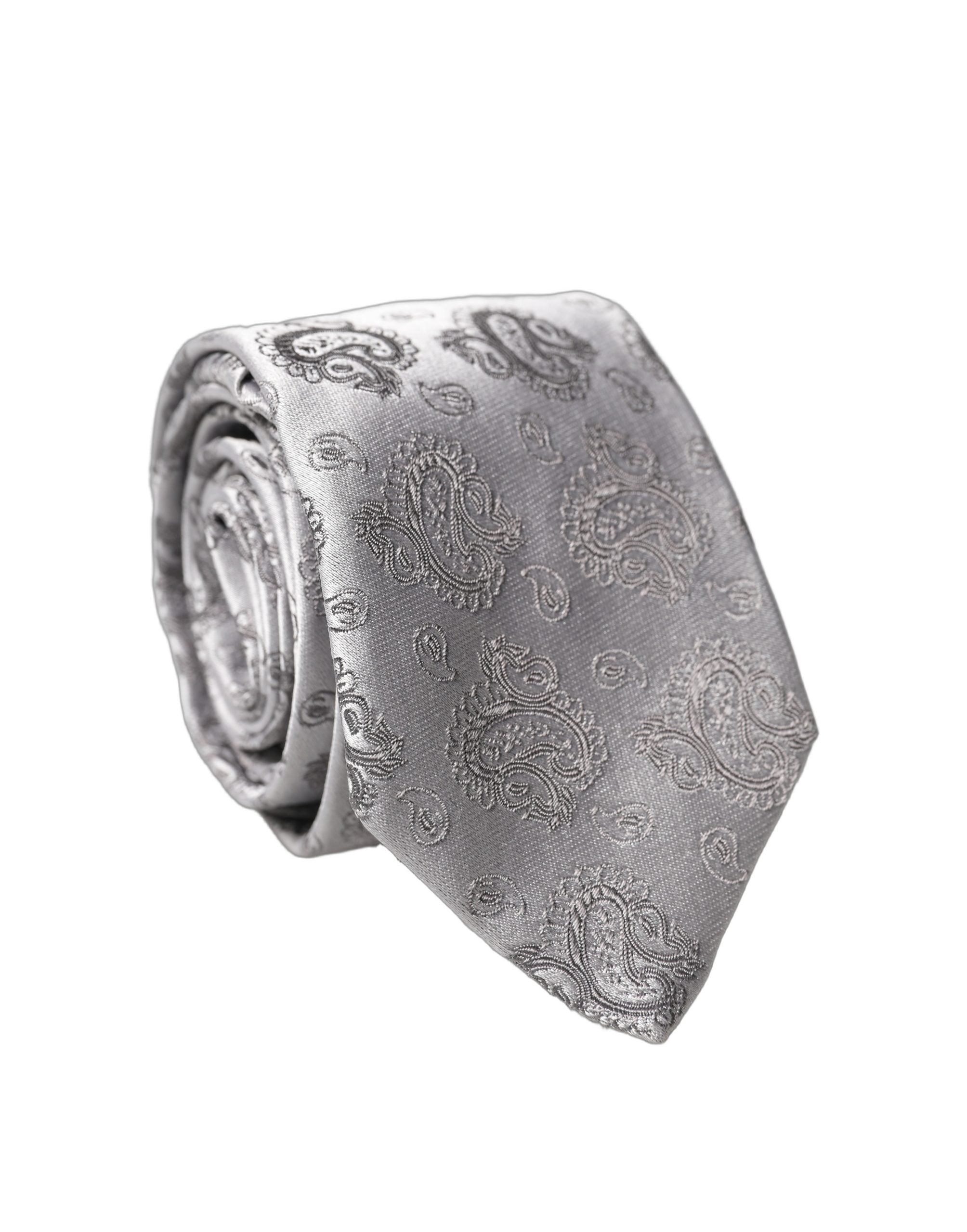 Dolce & Gabbana Silver Gray Paisley Silk Adjustable Men Tied Necktie Tie Dolce & Gabbana